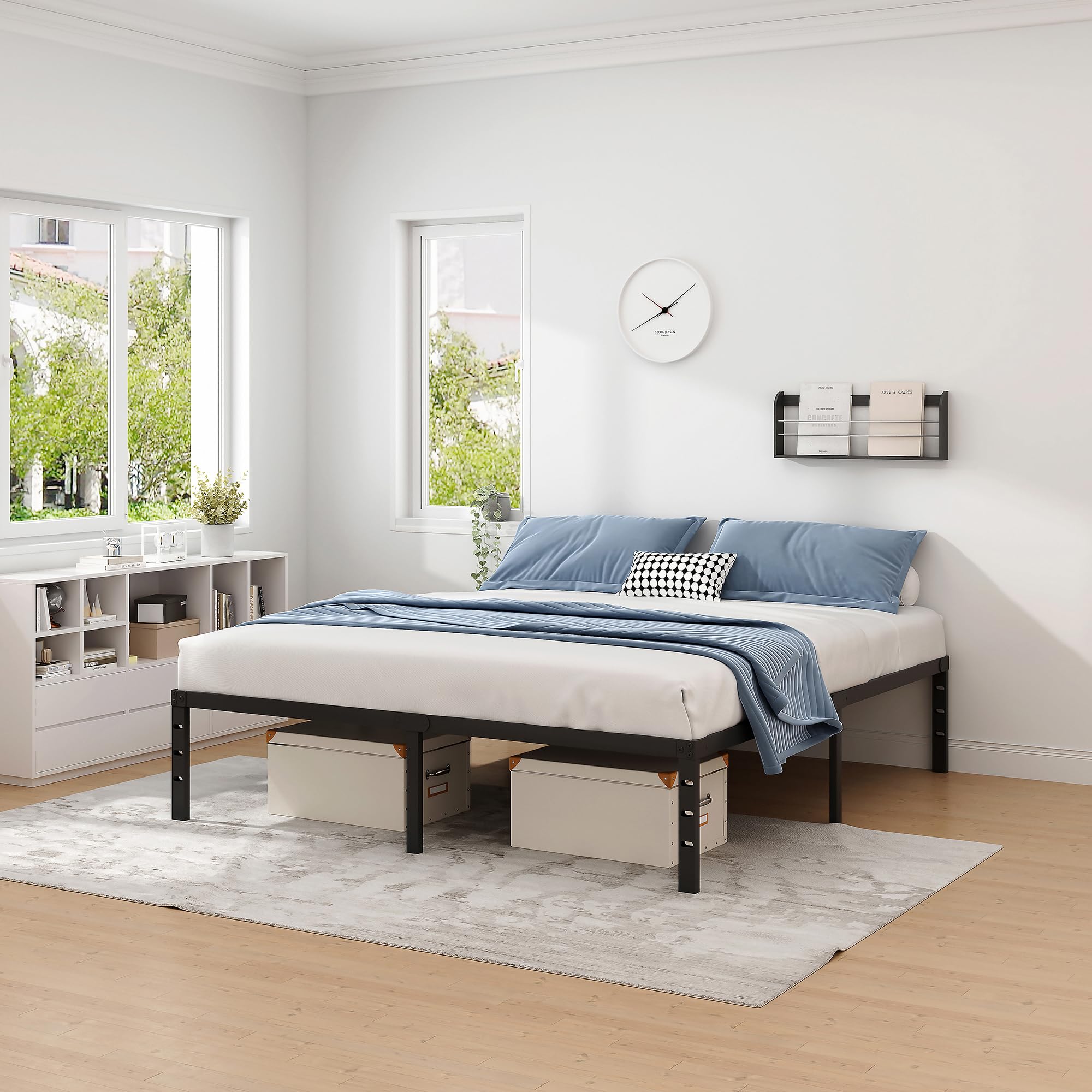 NEW JETO Metal Bed Frame,Queen Size Bed Frame with Storage Space,Heavy Duty Sturdy Mattress Foundation,Easy Assembly,No Box Spring Needed, Black,14 Inch,Queen