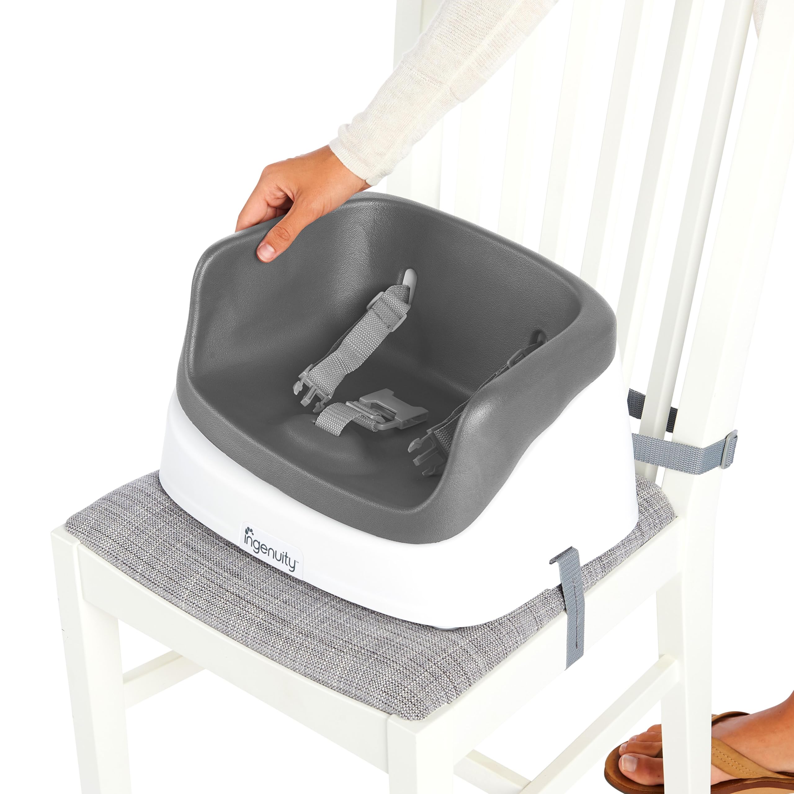 Ingenuity SmartClean Toddler Booster Seat for Kitchen Chair – Lightweight for on-the-go, Easy-Clean, 3-Point Harness Strap – Booster Seat for Dining Table, Slate