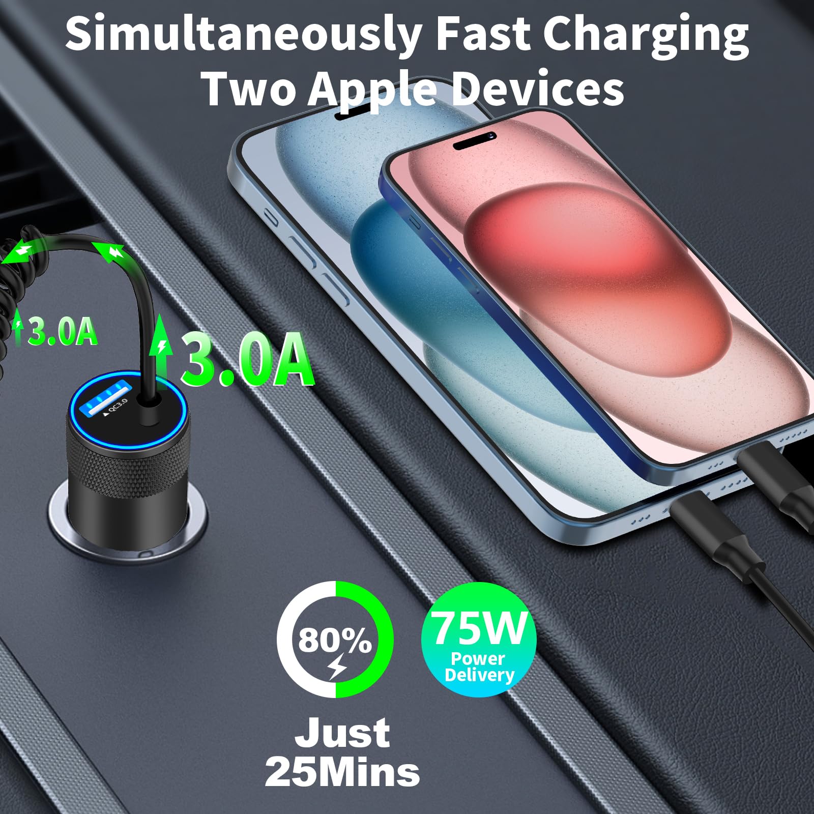 【MFi Certified】iPhone 17 Car Charger Fast Charging, Braveridge 75W USB C PD&QC Car Power Cigarette Lighter USB Charger with 6FT Type C Coiled Cable for iPhone 17/17 Pro Max/16/15/Galaxy S25/S24/Pixel