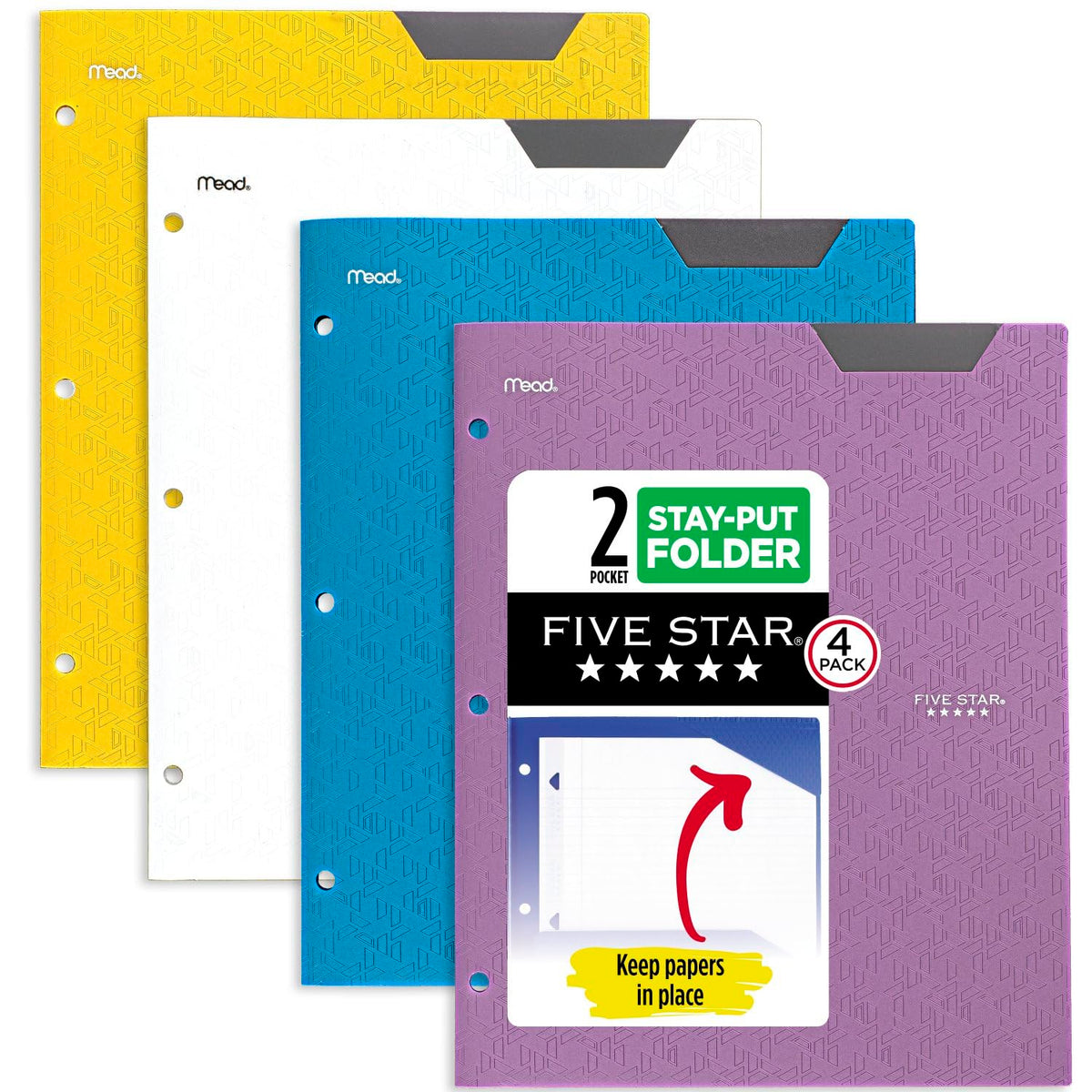 Five Star 2-Fächer-Mappe, 4er-Pack, Kunststoffmappe mit Stay-Put-Laschen, passend für 3-Ring-Ordner, fasst 8-1/2" x 11" Papier, Tidewater Blue, Weiß, Amethyst Purple, Harvest Yellow (38065)