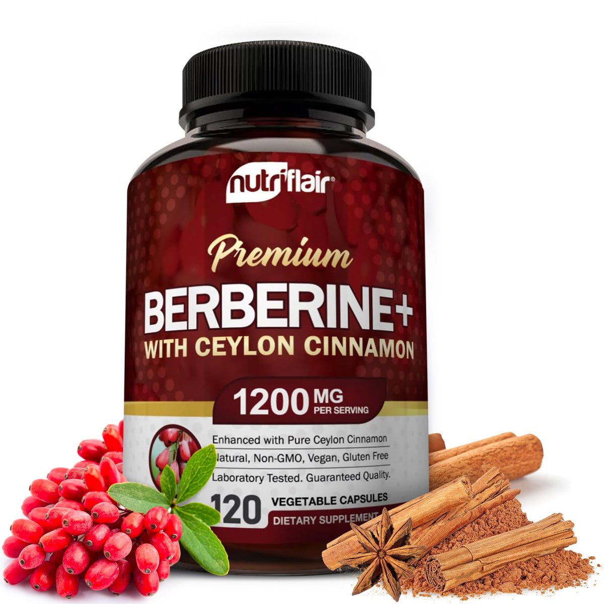 NutriFlair بربرين حمض الهيدروكلوريك ممتاز 1200 ملجم، 120 كبسولة - بالإضافة إلى قرفة سيلانية أصلية نقية، حبوب مكملات جذور بربرين حمض الهيدروكلوريك - الجهاز المناعي - ينتج 8% حمض الهيدروكلوريك الأمثل