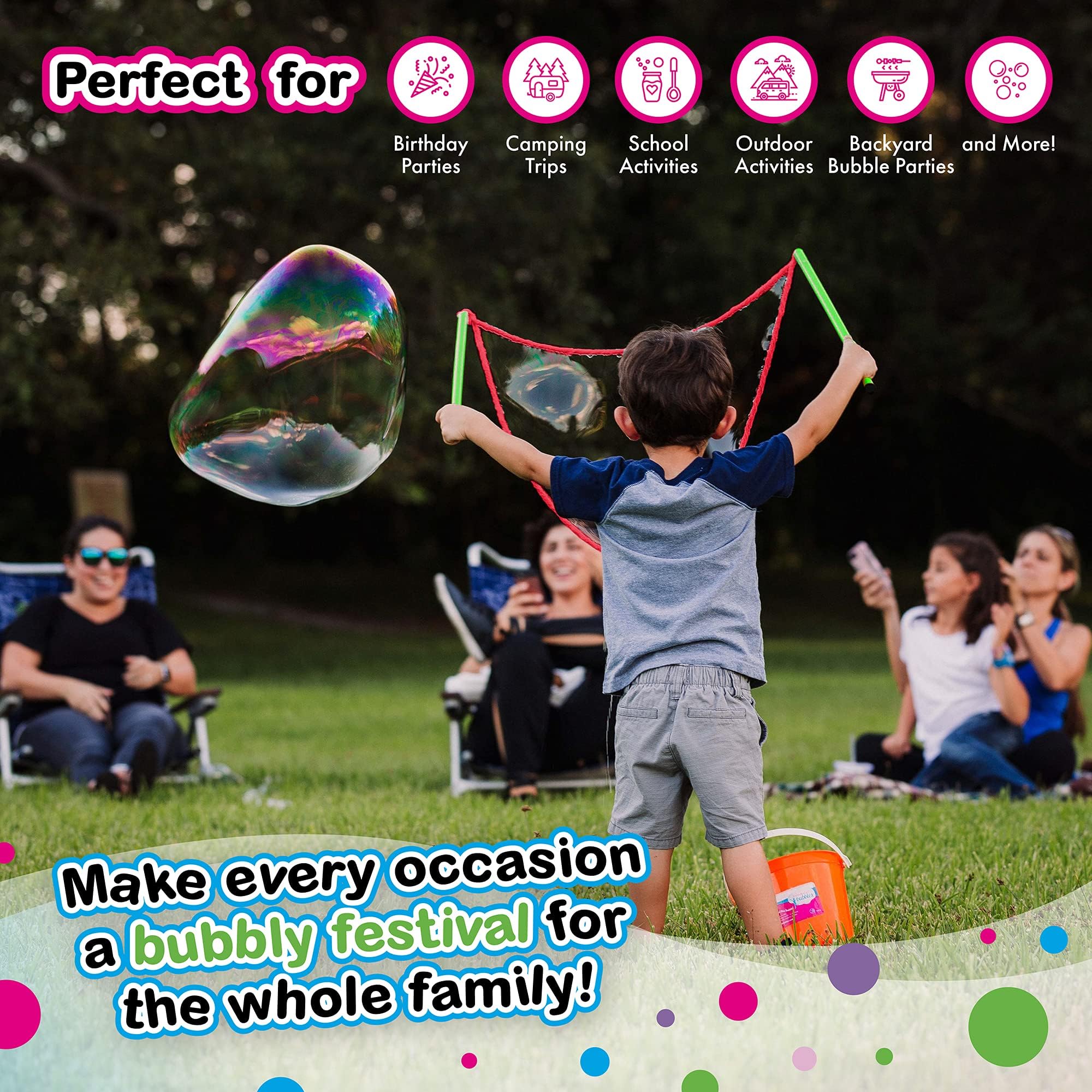 WOWmazing Giant Bubble Wands Kit: (4-Piece Set) | Incl. Wand, Big Bubble Concentrate and Tips & Trick Booklet | Outdoor Toy for Kids, Boys, Girls | Bubbles Made in The USA
