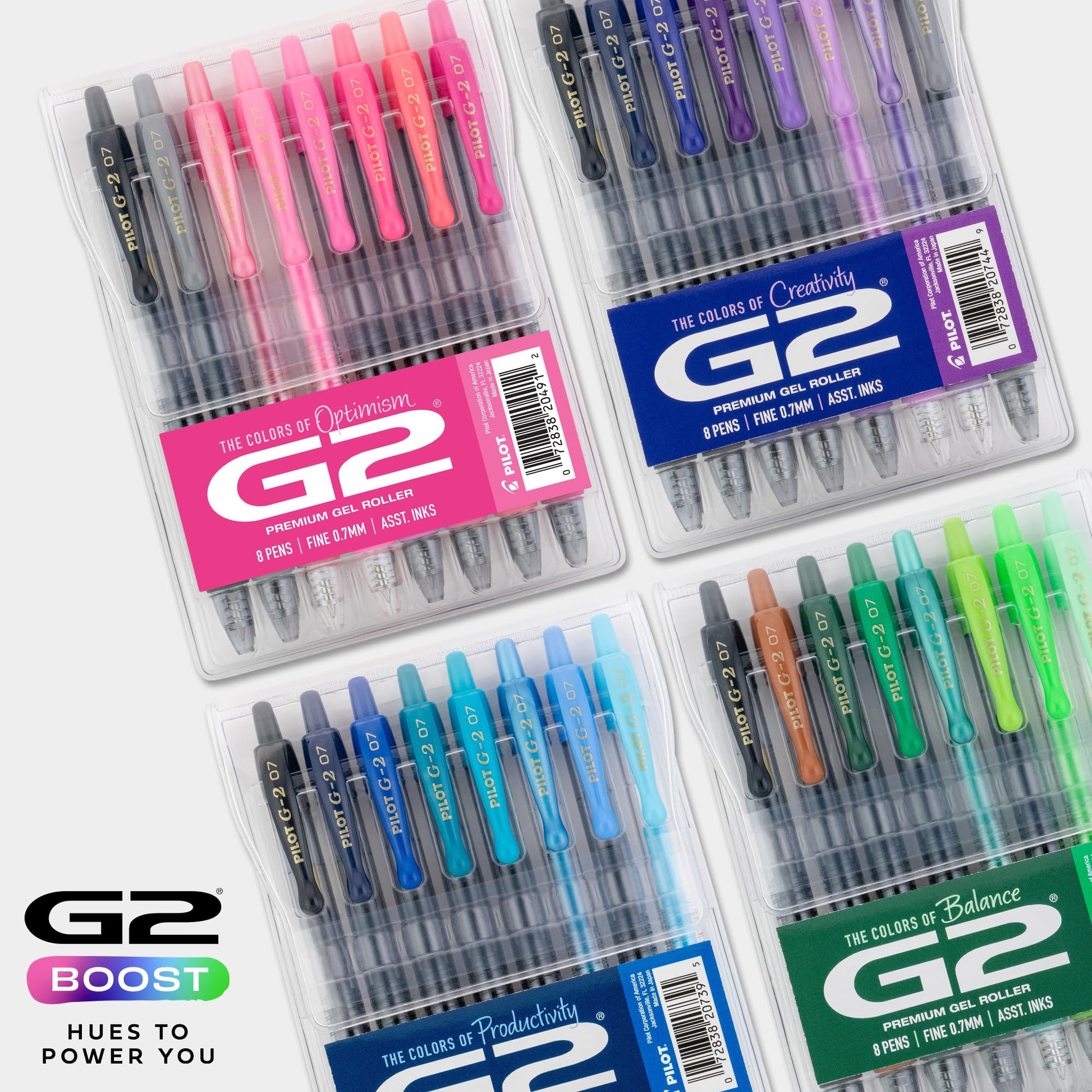 Pilot, G2 Premium Gel Roller Pens, G2 Boost Pink Pack, The Colors of Optimism, 8 Pack Pouch, Fine Point 0.7 mm, Assorted