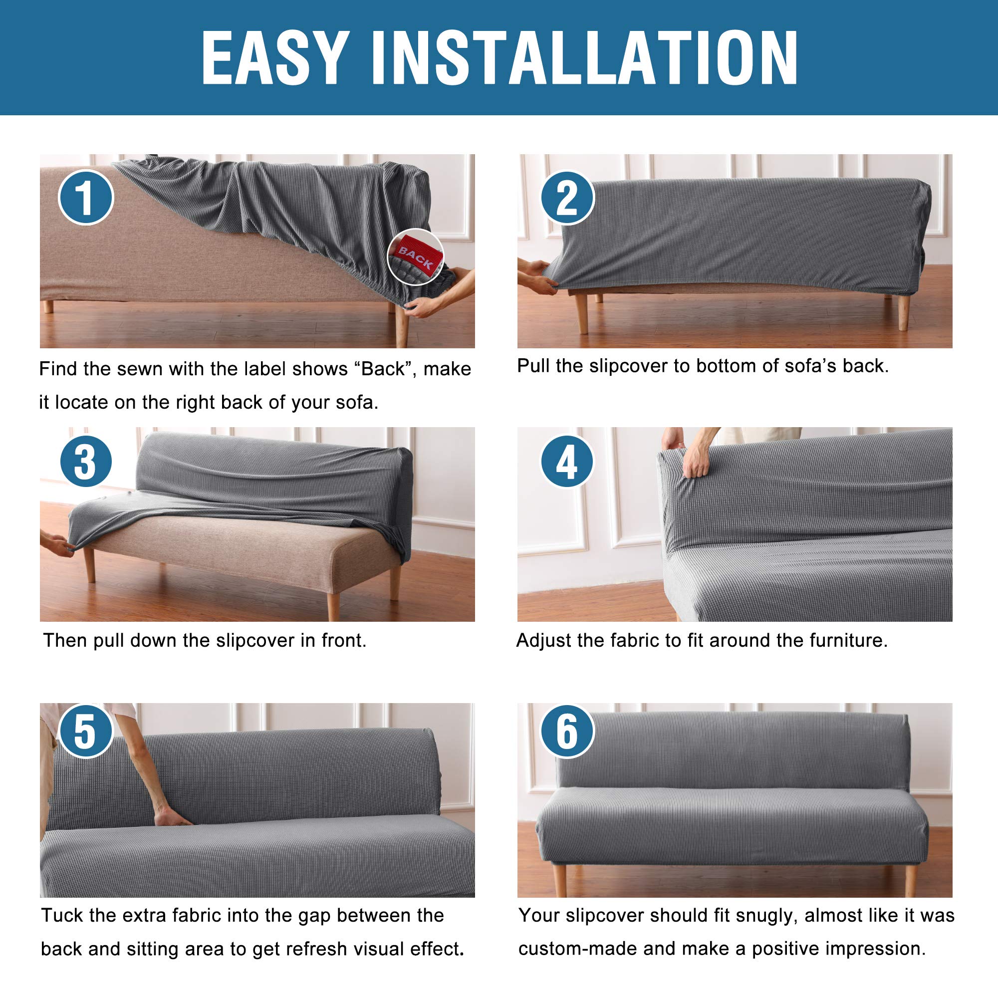 H.VERSAILTEX Armless Futon Cover Stretch Sofa Bed Slipcover Protector Elastic Feature Rich Textured High Spandex Small Checks Jacquard Fabric Futon Cover, Machine Washable, Gray