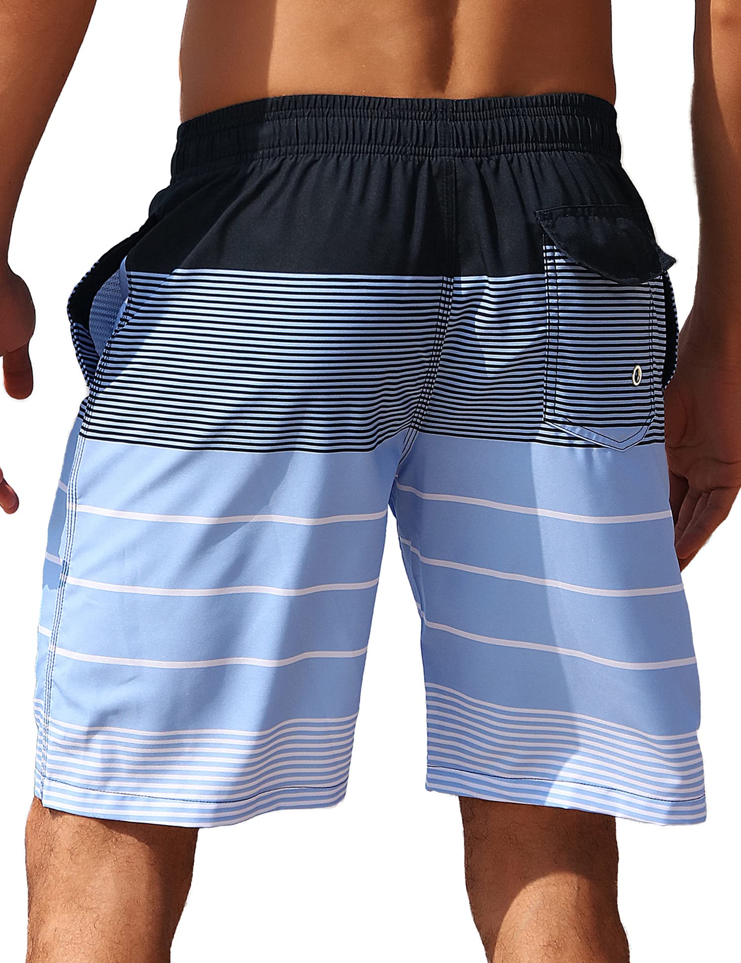 ELETOP Men's Swim Trunks Quick Dry Bathing Suit Swimming Board Shorts Mesh Lining Beach Swimwear Stripe Blue L