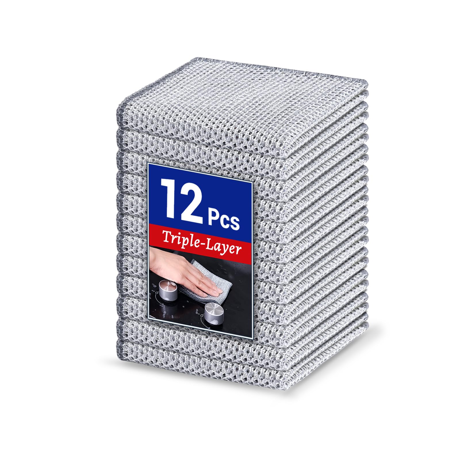 12 PCS New Upgrade 3-Layer Non-Scratch Multipurpose Steel Wire Dishcloths - Reusable Quick-Dry Odor-Free Scrub Cloths for Dishes, Kitchen Cleaning Cloths for Cookware, Sinks, Stove Tops 7.87“ x 7.87”