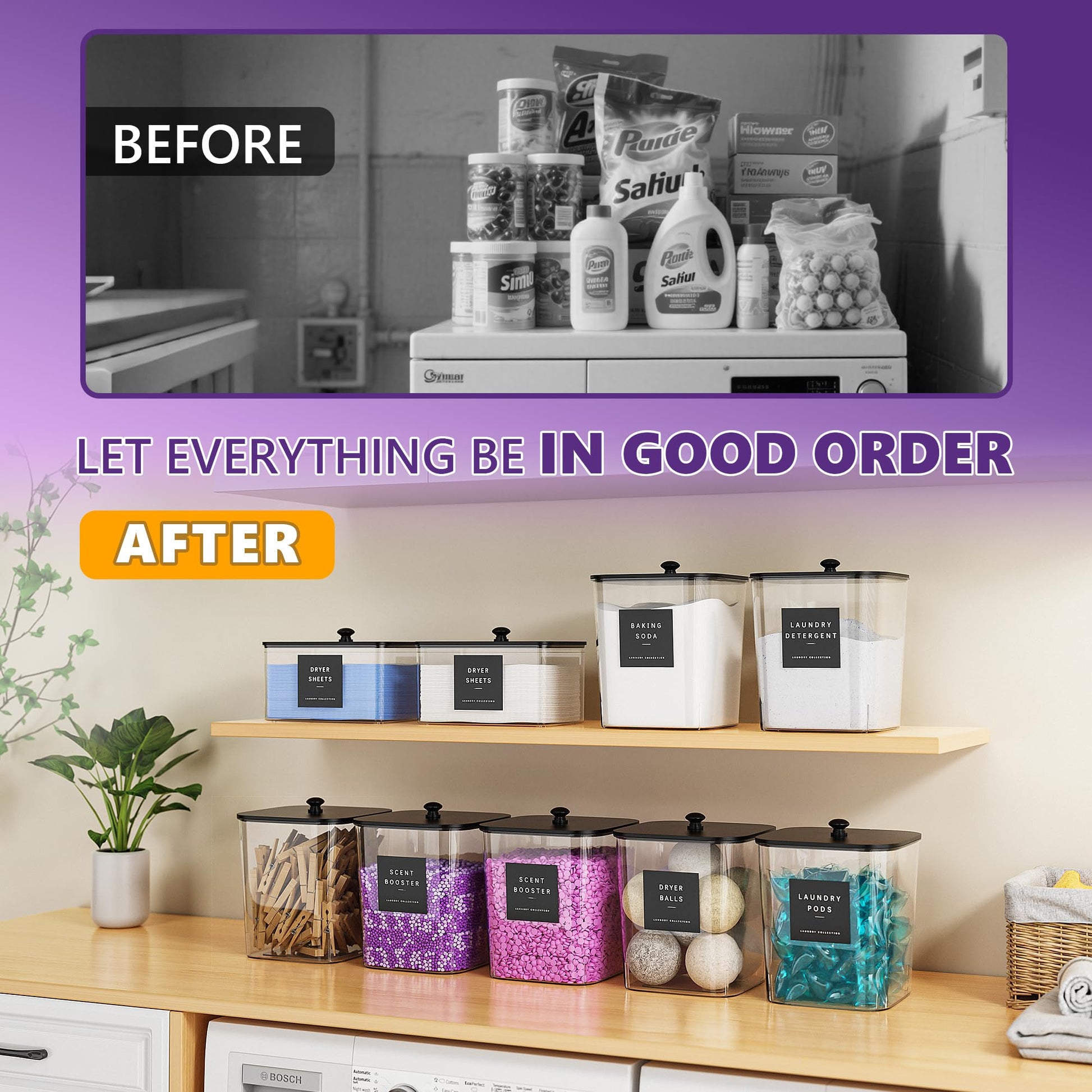 4 Pack Laundry Pods Container, Clear Laundry Room Organization Containers,Large Laundry Detergent Powder Storage Containers Black Wooden Lids & Labels, Acrylic Laundry Pods Holder for Scent Booster