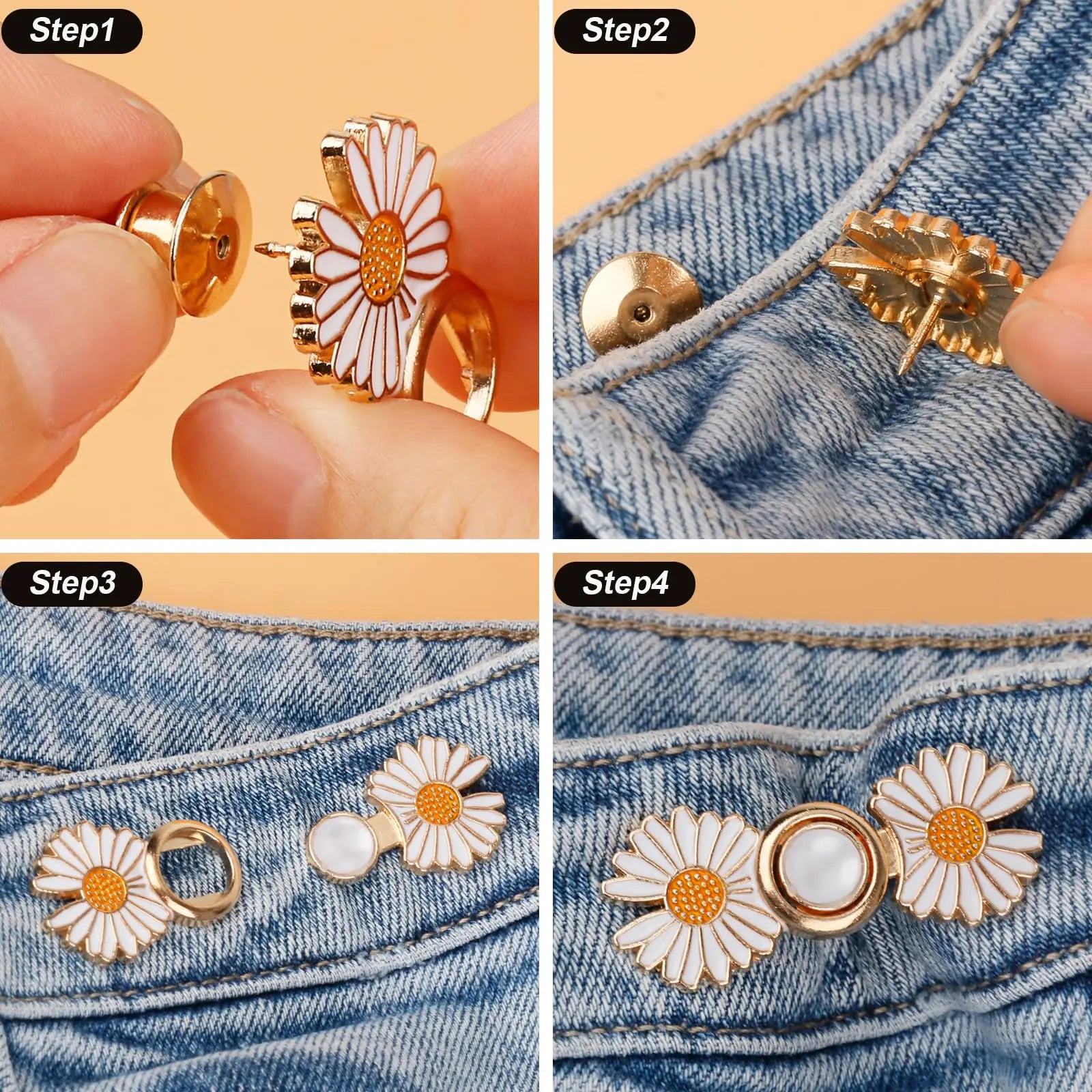 TOOVREN Pant Waist Tightener, Detachable Jean Buttons for Loose Jeans, No Sew and No Tools Button Pins for Jeans, Adjustable Jean Buttons Pins, Daisy Flower Instant Pants Button Tightener 4 Sets