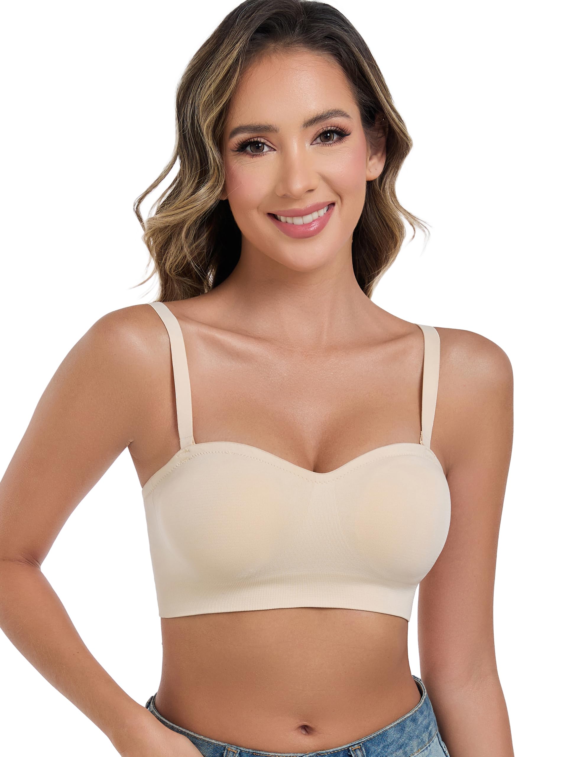 ANGOOL Strapless Bras for Women Wirefree Non-Slip Tube Top Invisible Bralette Seamless Padded Bandeau Bra, Beige, M