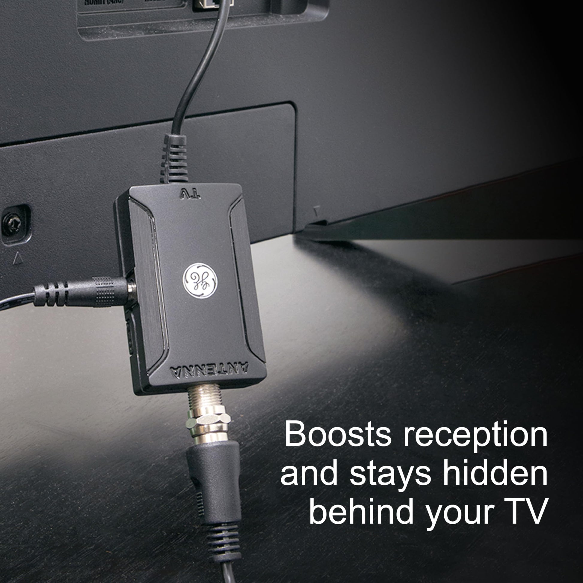 GE Indoor TV Antenna Amplifier, Antenna Signal Booster, HD TV Digital VHF UHF, Low Noise, AC Power Adapter, Black, 42178