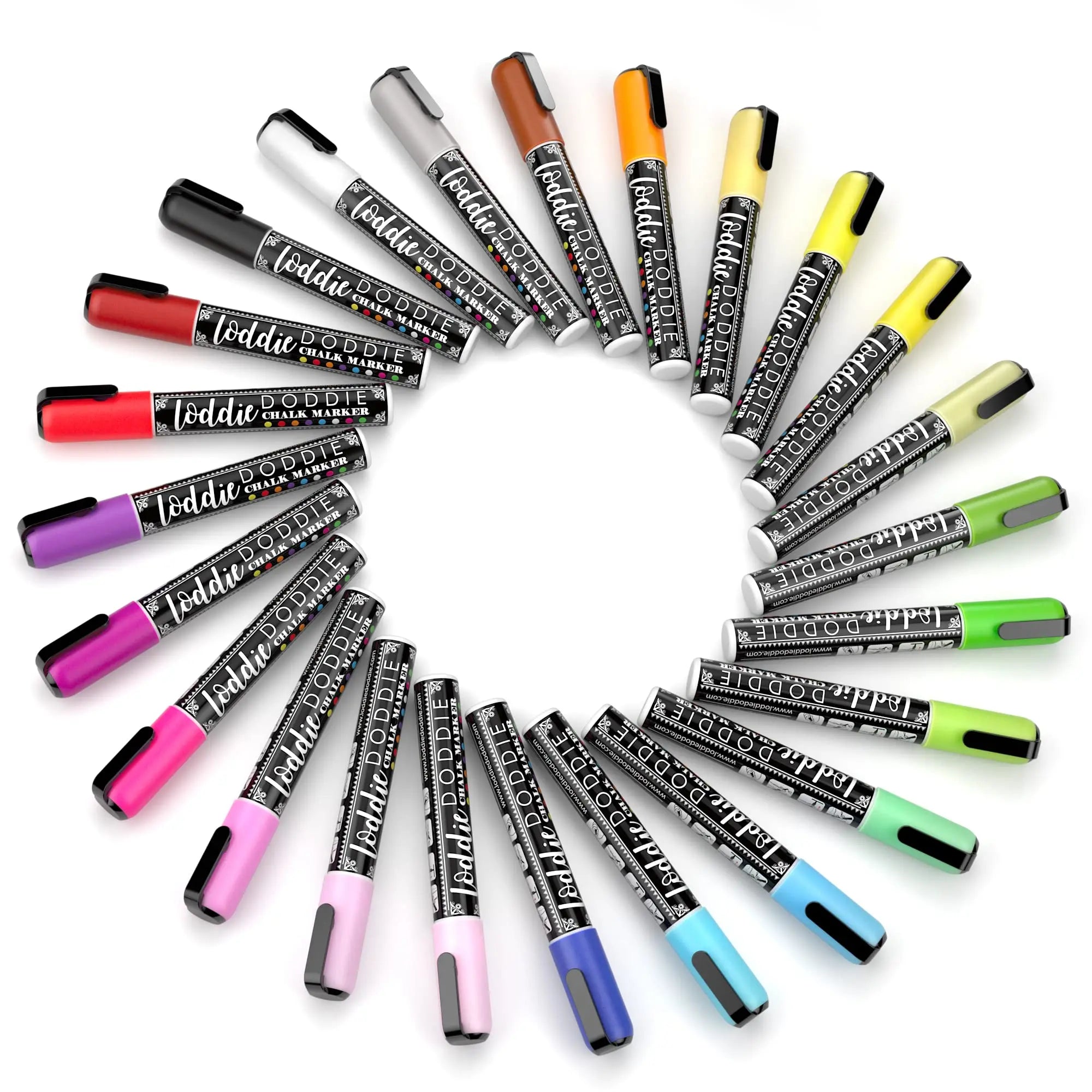 Loddie Doddie Chalk Markers - 24-Pack, 6mm Reversible Bullet & Chisel Tip - Dust-Free, Erasable Liquid Chalk Markers - Versatile for Windows, Glass & Chalkboard Surfaces