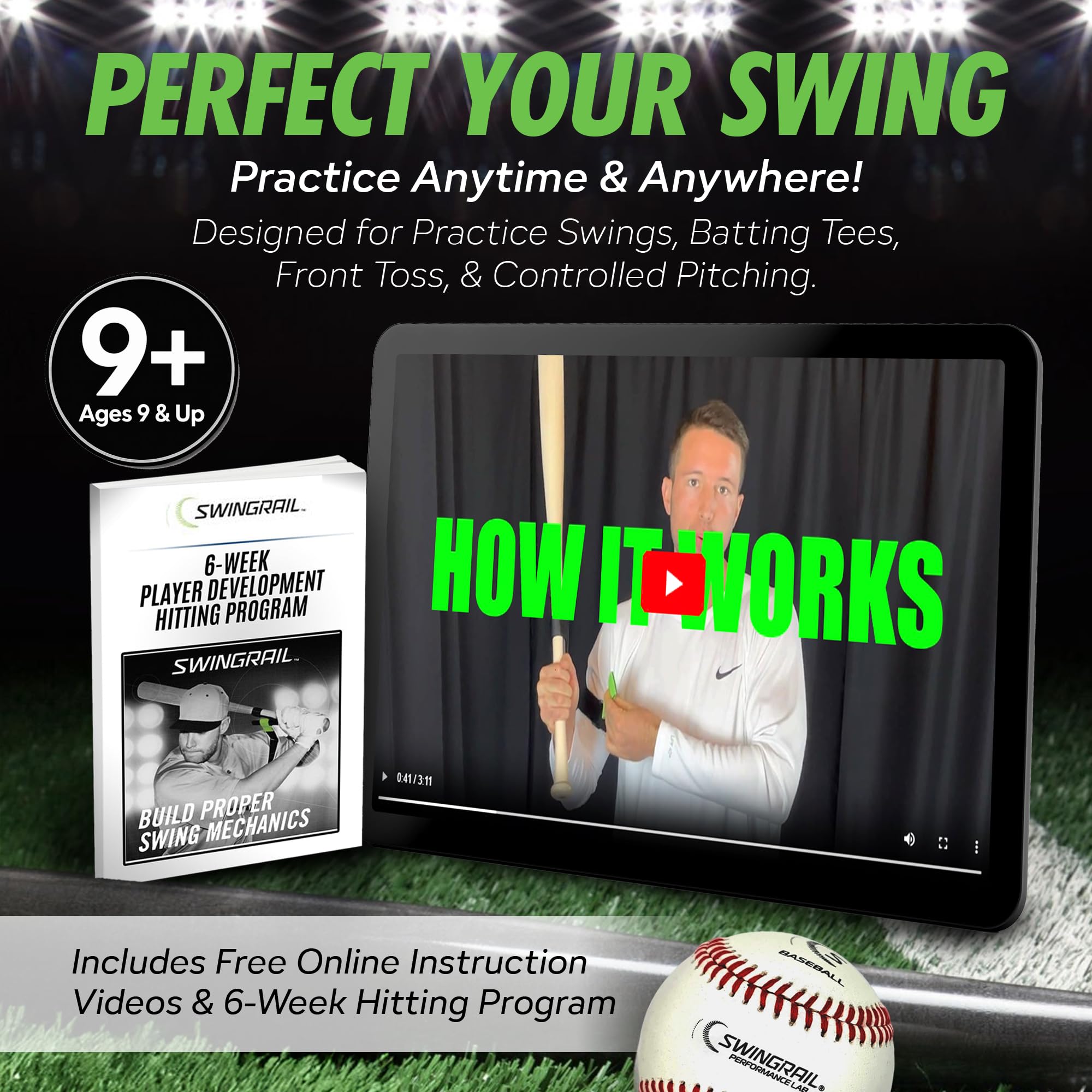 SWINGRAIL Baseball/Softball Swing Trainer Aid - Equipment for Batting and Hitting
