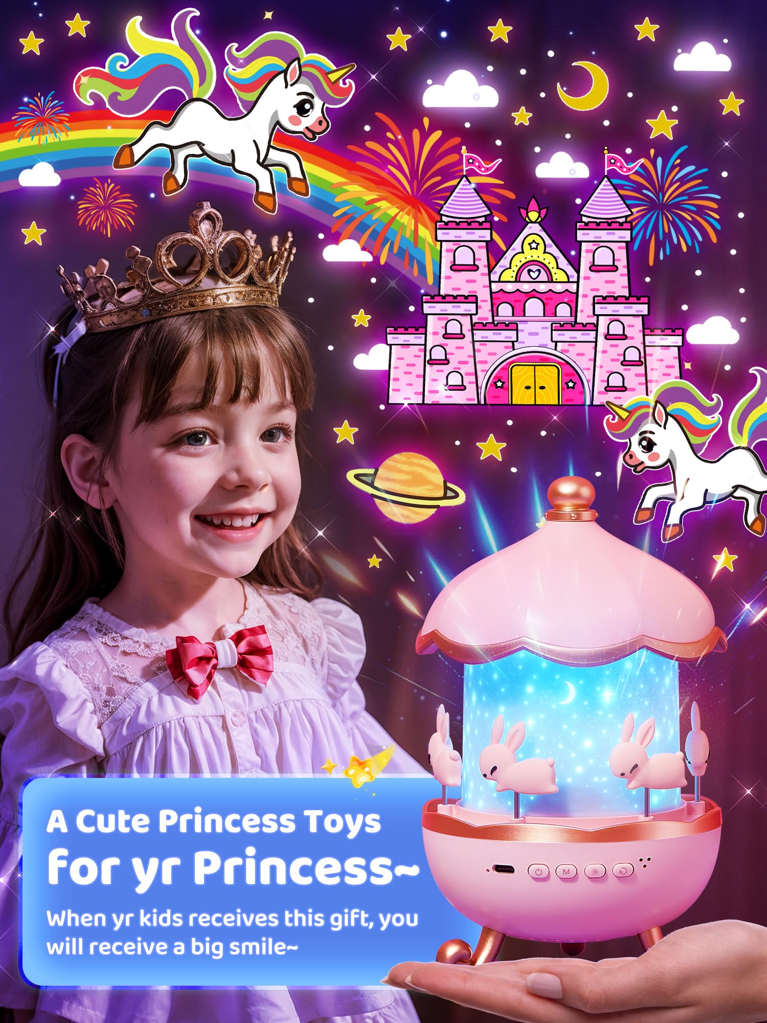 Carousel Night Light for Kids, 10 Music+15 Films+315 Colors Star Projector for Kids Night Light Projector,360°+Remote+1200mah Star Lights for Ceiling, Unicorn Toys for Girls Room Decor Princess Gifts