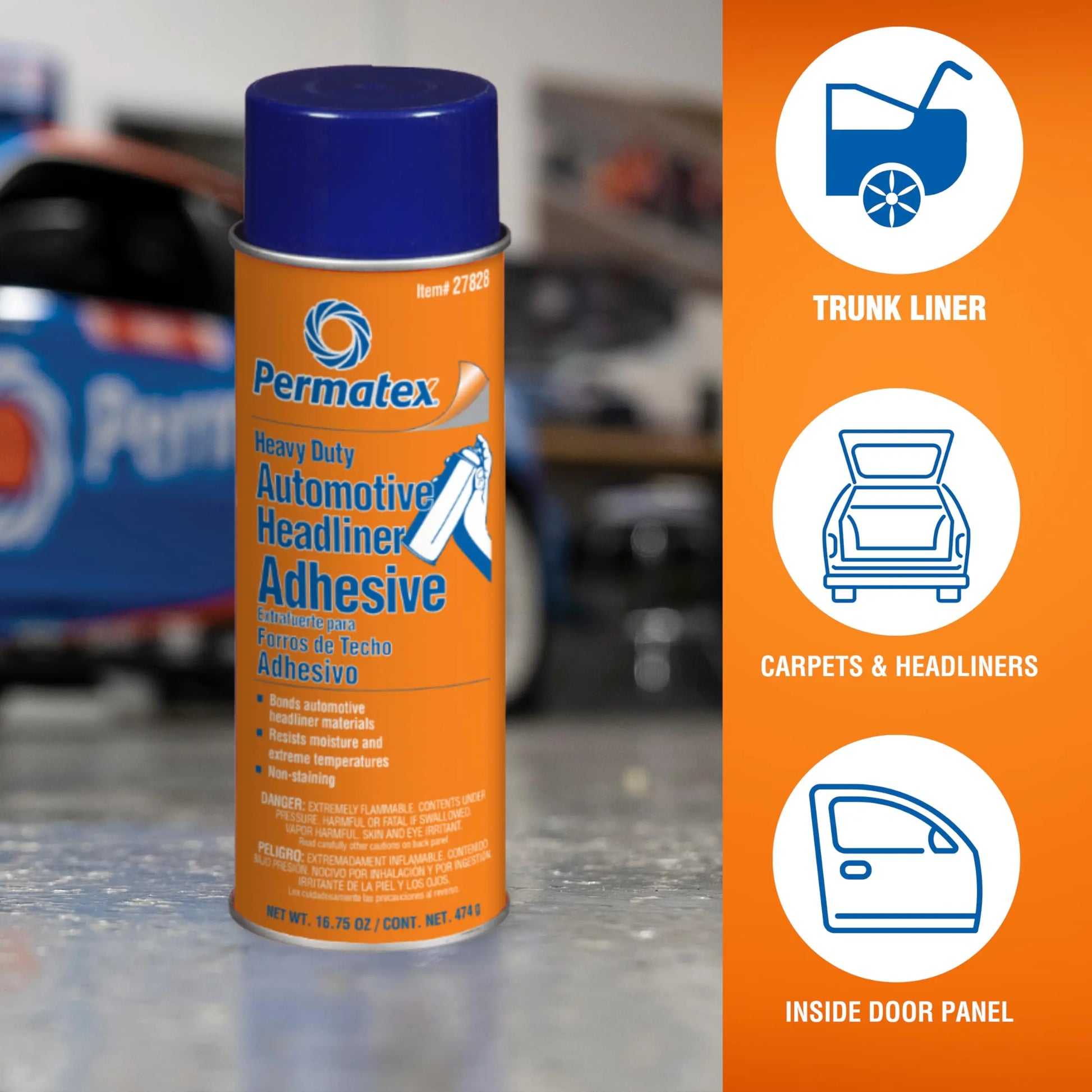 Permatex 27828 Body Shop Heavy Duty Headliner Adhesive, High-Strength Spray Adhesive, Repair Detached Or Loose Interior Parts, Dries Clear, Aerosol Can, 16.75 Oz