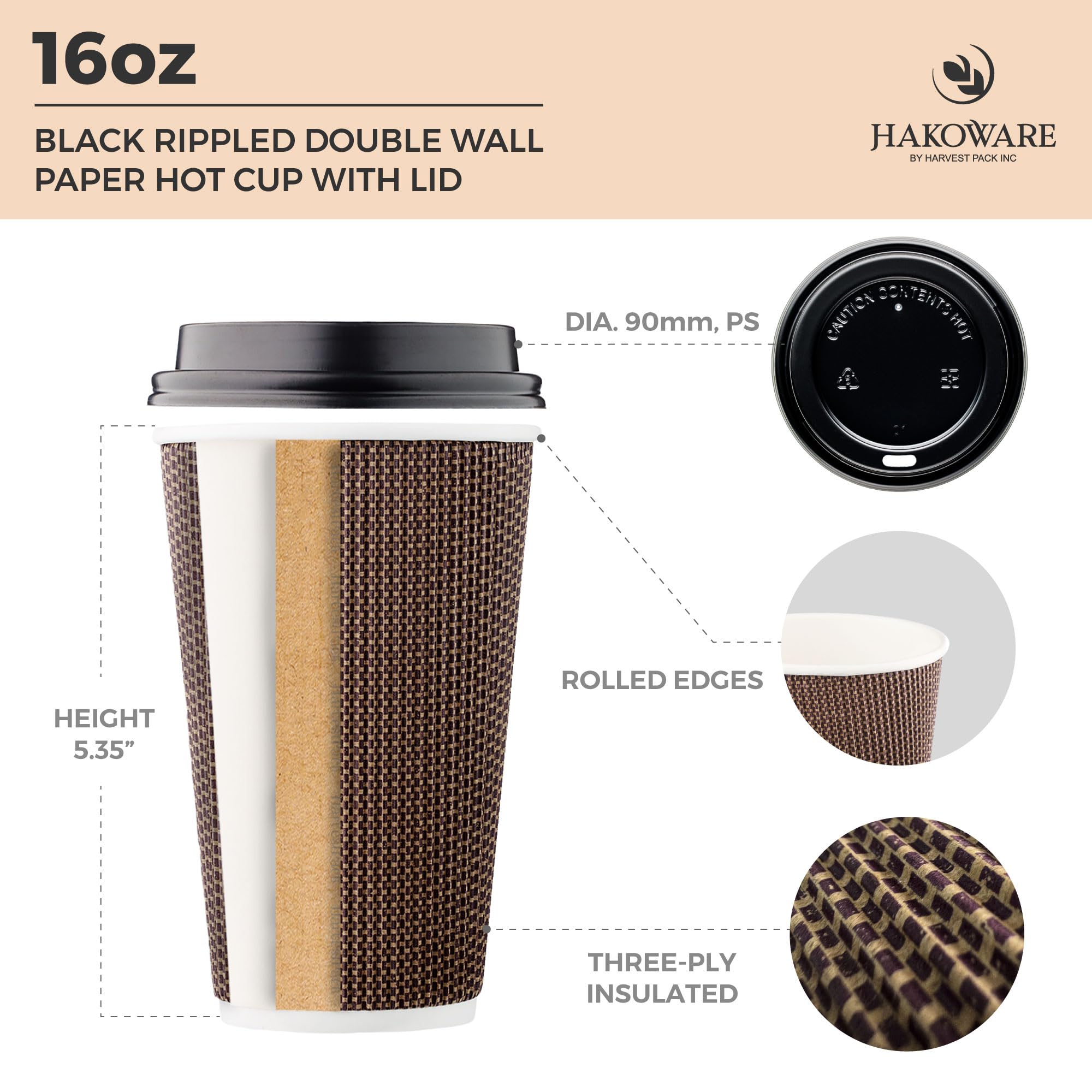 [85 SET]Harvest Pack 16 oz Coffee Cups, Disposable Insulated Ripple Coffee Cups, Double-Walled To go Cups with Lids, Brown Geometric, Drinking Paper Cups for Tea Hot Chocolate Drinks