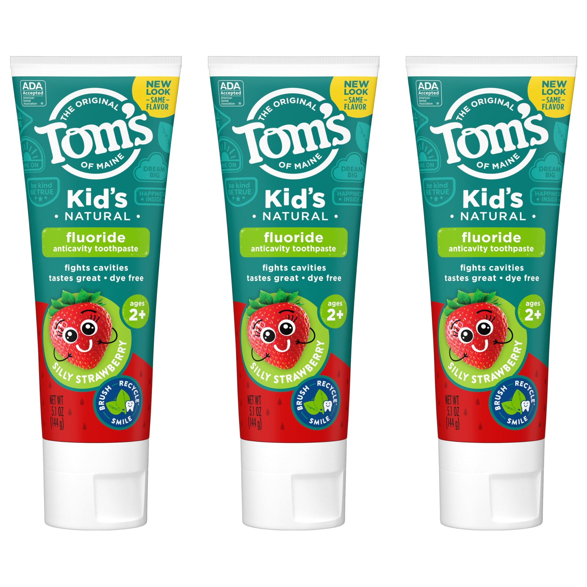 Tom's of Maine ADA Approved Fluoride Kids Toothpaste, Natural Toothpaste, Dye Free, No Artificial Preservatives, Silly Strawberry, 5.1 oz. 3-Pack (Packaging May Vary)