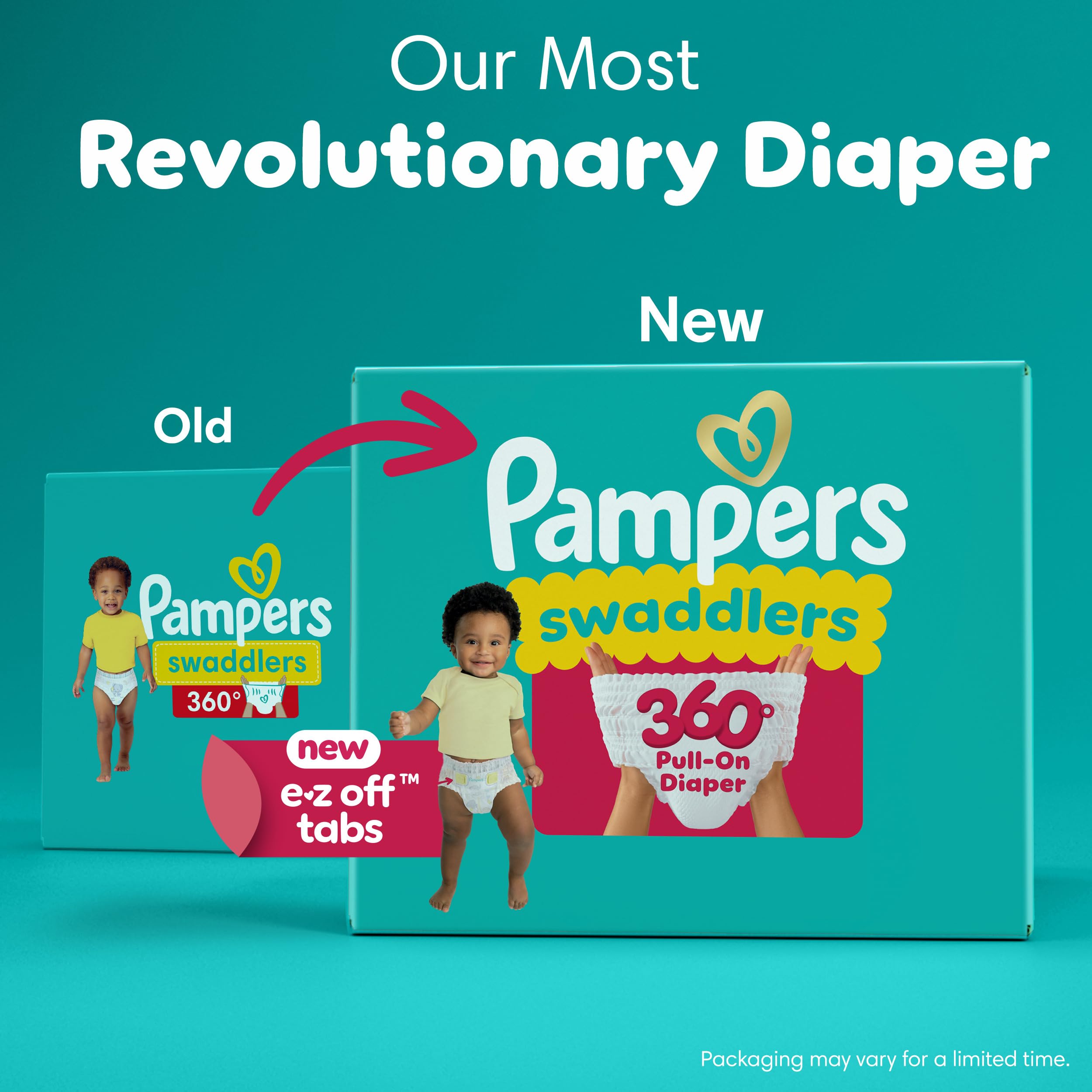 Pampers Diapers - Swaddlers 360° - Size 5, 116 Count, up to 100% Leakproof Comfy Dry Fit, Designed for Easy Changes, Pull On Baby Diaper (Packaging May Vary)