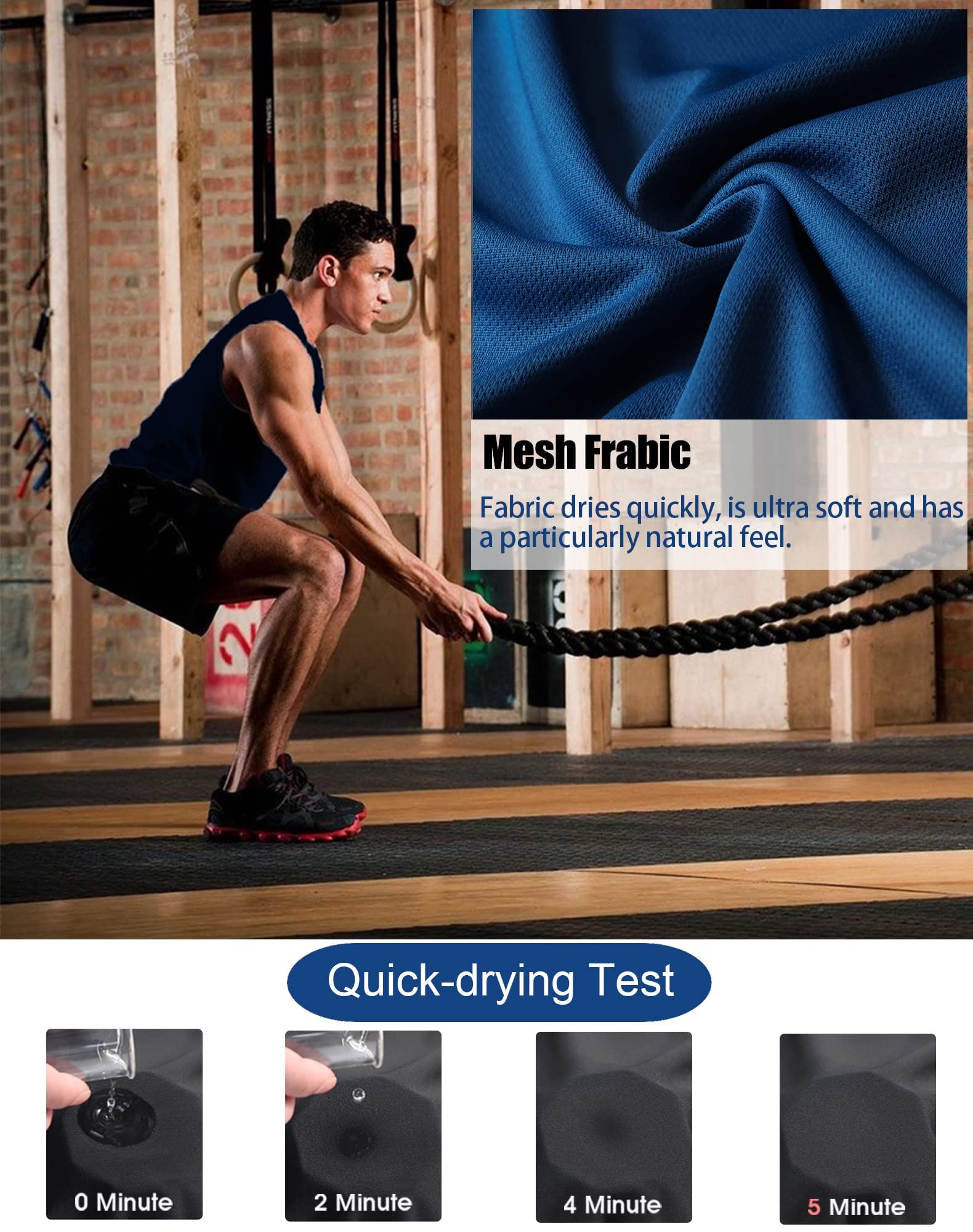 TELALEO 5 Pack Men's Workout Tank Tops Sleeveless Mesh Muscle Gym Shirt Quick Dry Black/Gray/Charcoal/Navy/Blue L