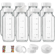 8 Pack 16 Oz Reusable Glass Milk Bottles w 100% Airtight Heavy Duty SCREW Lid & 2 Pour Spouts - Glass Juice Bottles w Capacity Mark - Beverage Drinking Jar Juice Container Breast Milk(Extra 2 Lids)