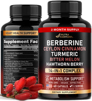 Berberine with Ceylon Cinnamon | Gymnema Extract | Apple Cider Vinegar | Hawthorn Berry | Citrus Bergamot | Bitter Melon - 14-in-1 Supplement for Heart Support, Metabolism & Energy - Vegan 60 Capsules