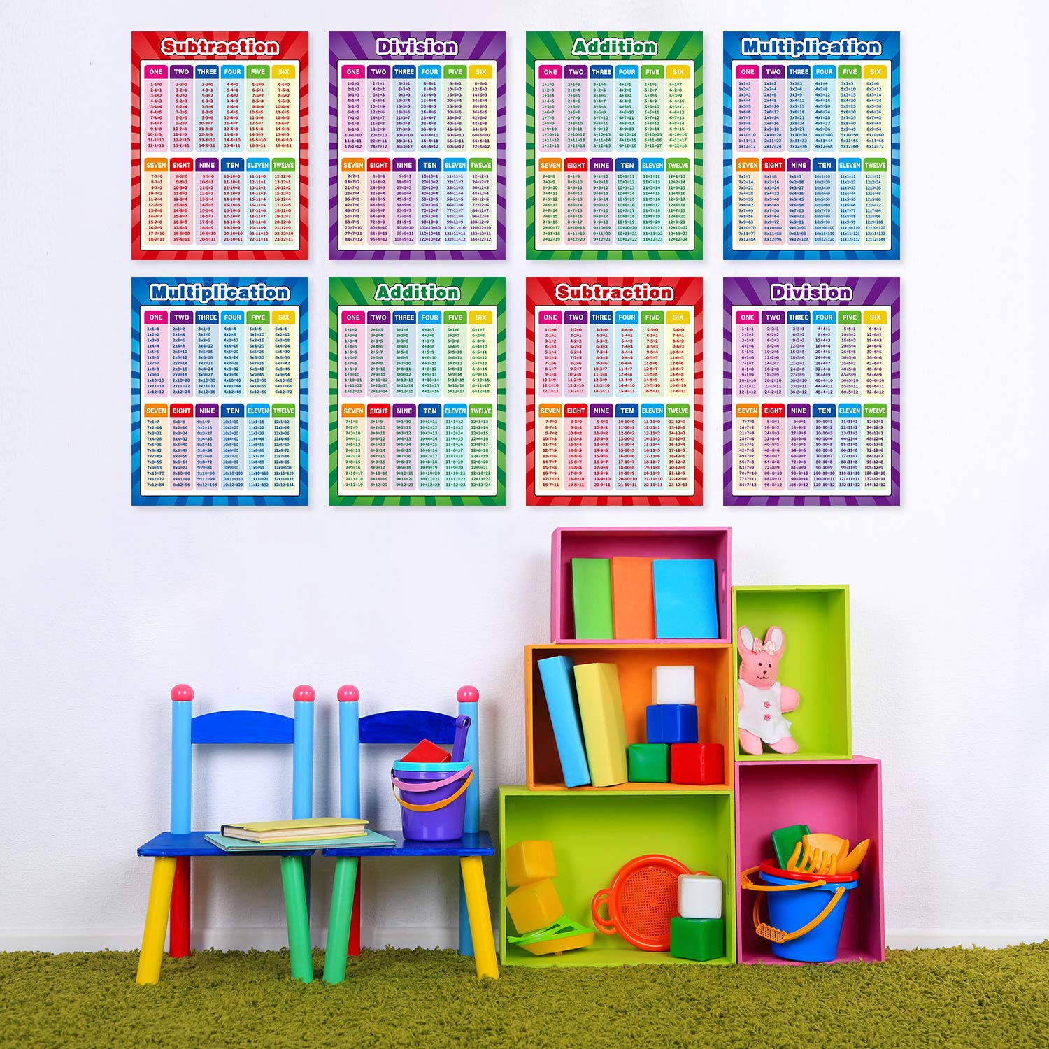 4 Pack Extra Large Educational Math Posters, Multiplication Chart Times Tables Chart 17 x 22 Inch Division Addition Subtraction Posters for Kids, Elementary Middle School Classroom