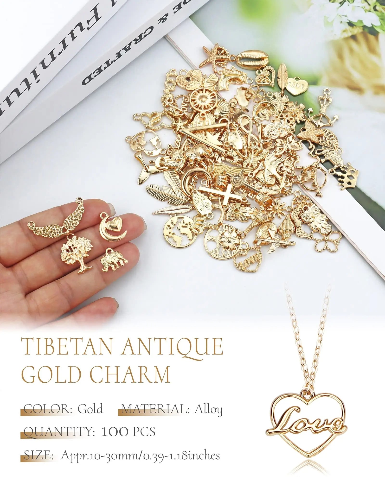 YETOOME 100 Pcs Wholesale Bulk Lots Jewelry Making Charms, Mixed Golden KC Gold Alloy Charms Pendants for Necklace Bracelet Jewelry Making and Crafting supplies