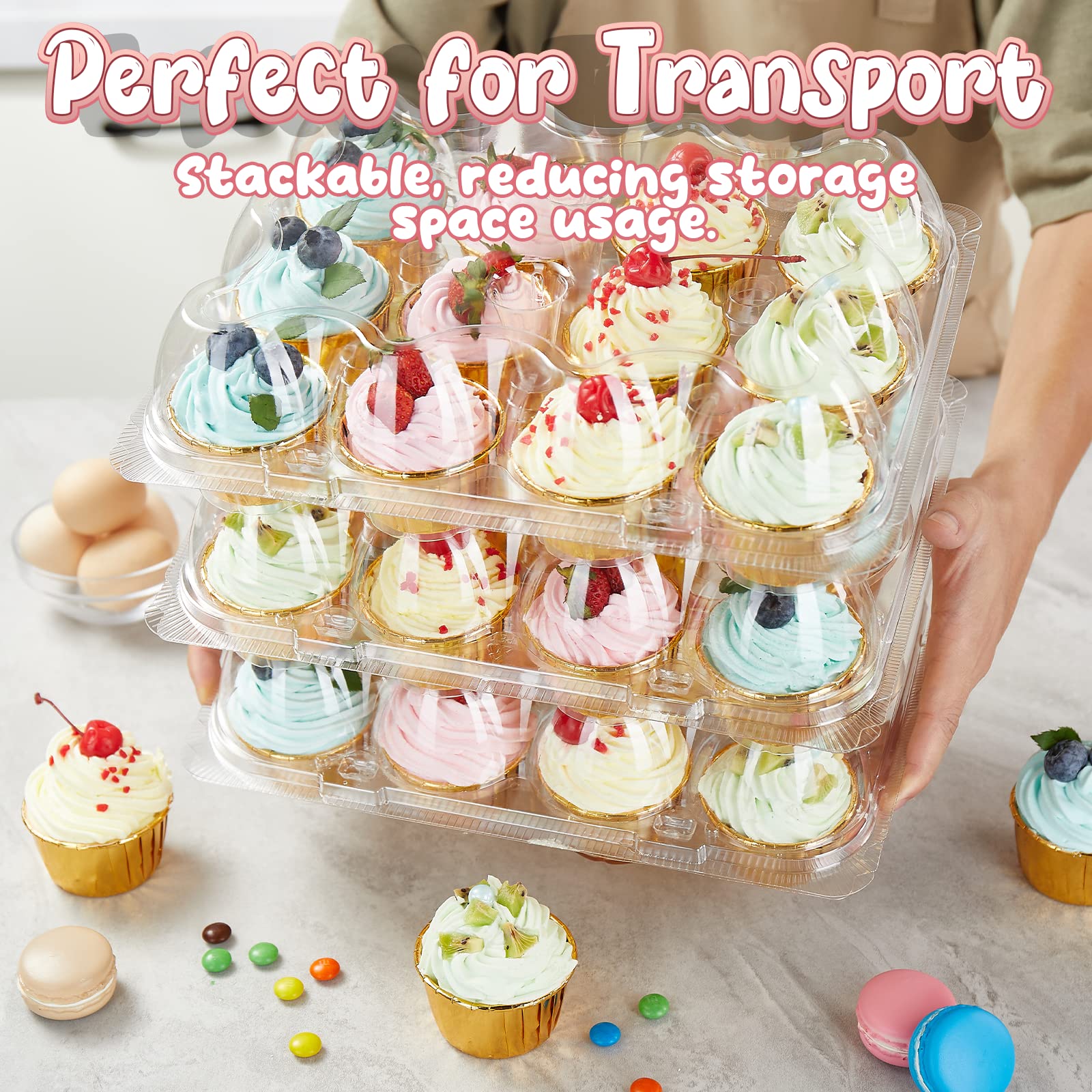 Gencywe (12 Pack x 20 Sets) Stackable Cupcake Carrier with 240 Pack Liners, Plastic Cupcake Boxes Holders for 12 Cupcakes, High Tall Dome Lid Cupcake Containers, Clear Disposable Cupcake Trays