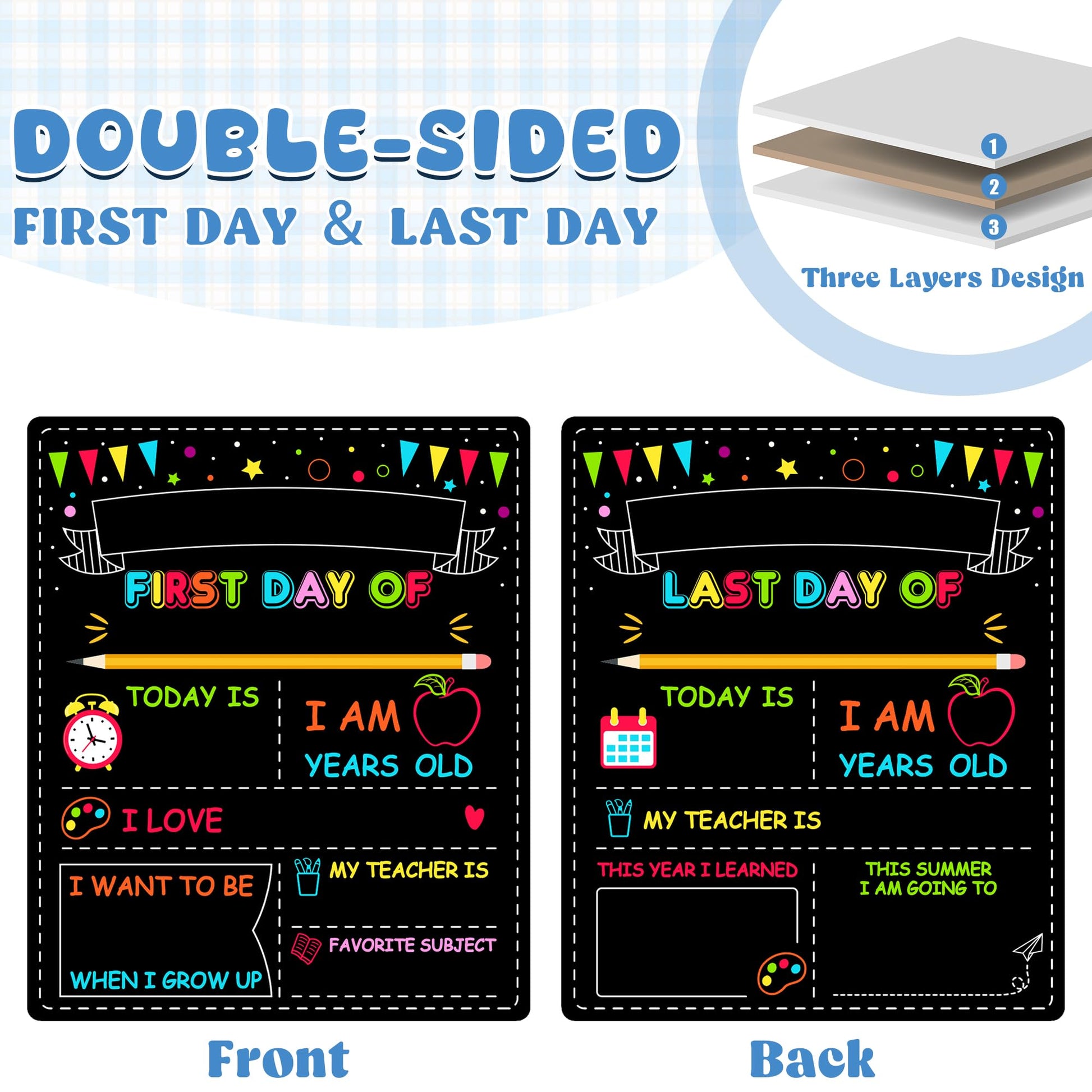 Double-Sided First Day of School Sign Board, 12 × 10 Inches Back to School Sign, Reusable Color Painting First and Last Day of Preschool Board, Washable Chalkboard for Kindergarten Pre-K