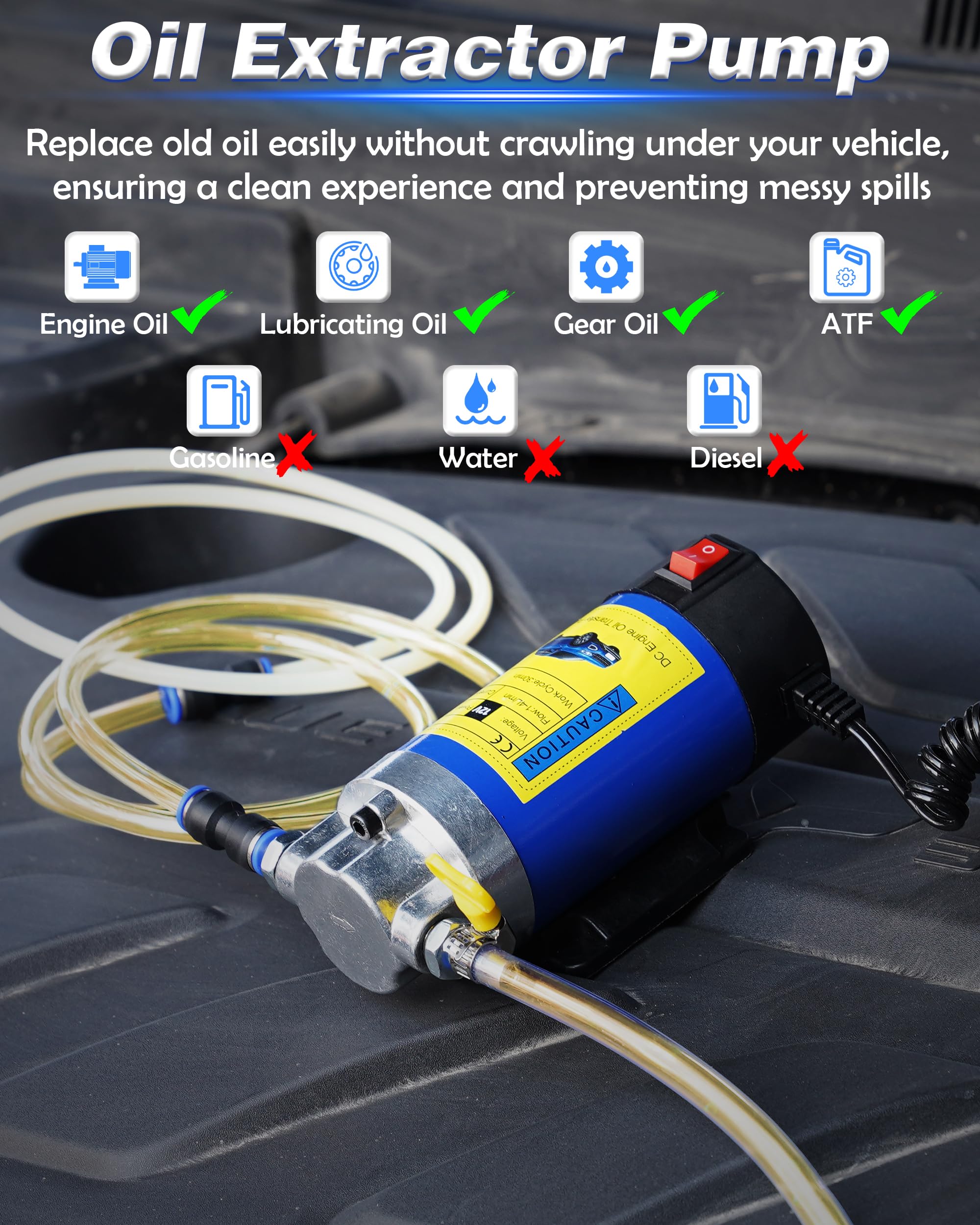 Oil Pump 12V 100W, Oil Extractor Pump for Engine Oil Change, Electric Fluid Transfer Pump for Motor Oil, Gear Oil, Transmission Fluid Removal, Self-Priming Oil Transfer Pump for Car, Mower, Marine