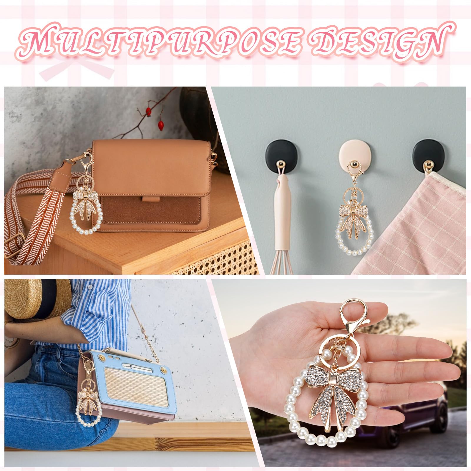 Lnngub Bow Keychain White Rhinestone Bowknot Keychain Imitation Pearl Chains Sparkly Bow Purse Charm Bag Charms for Handbags Purse Backpacks Handbag Charms Keychain Accessories for Women,2 Pcs