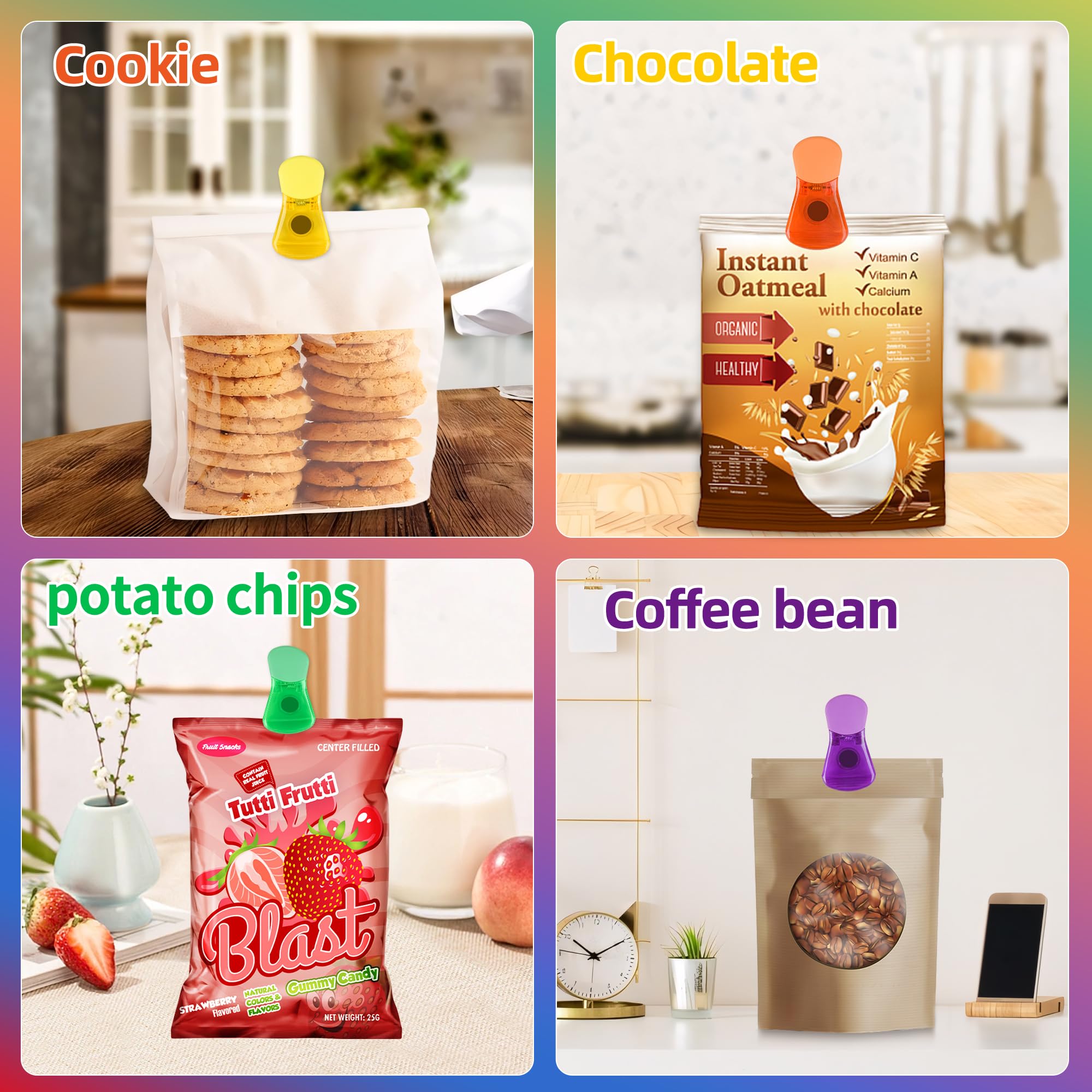 Ninth Five Bag Clips, 12 Pack Food Chip Snack Bag Sealing Clips, Color Refrigerator Magnet Clips Air-Tight Clips for Home Kitchen Storage