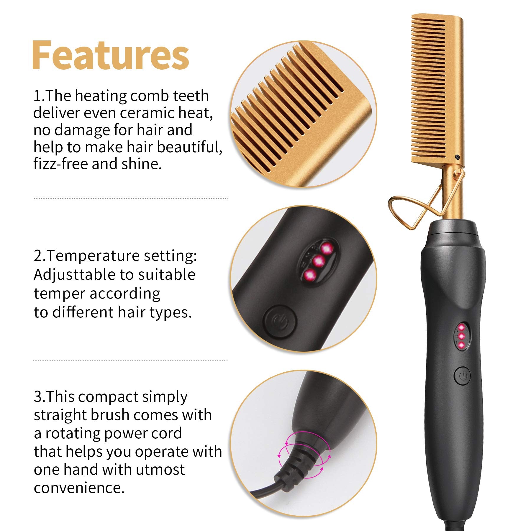 BudiGl Hot Comb Hair Straightener Pressing Combs - Ceramic Electric Straightening Comb for Natural Black Beard Wigs Holiday Gift