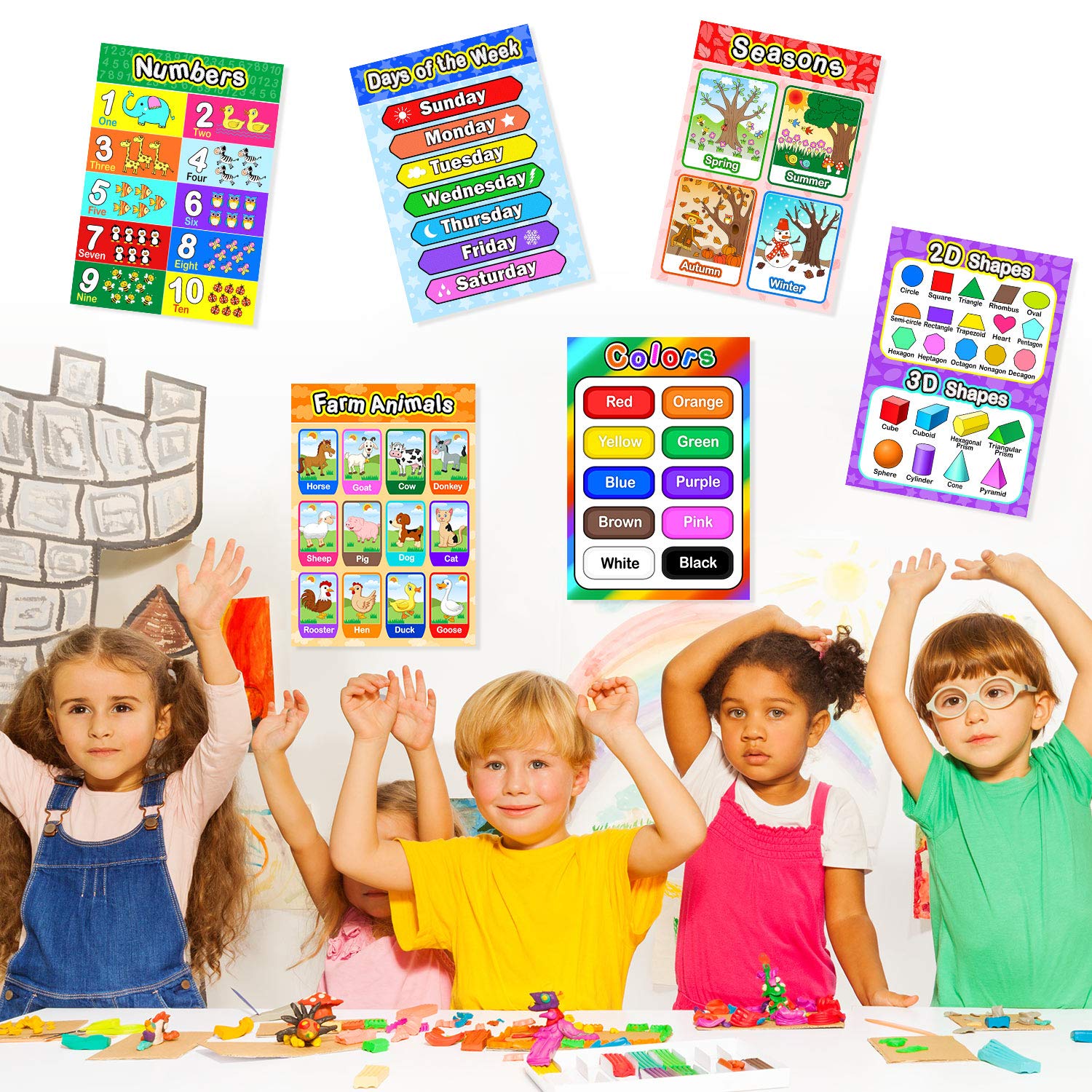 Blulu 8 Educational Preschool Poster for Toddler and Kid Learning with 60 Glue Point Dot for Nursery Preschool Homeschool Kindergarten Classroom Teach Number Alphabet Color Month and More 16 x 11 Inch