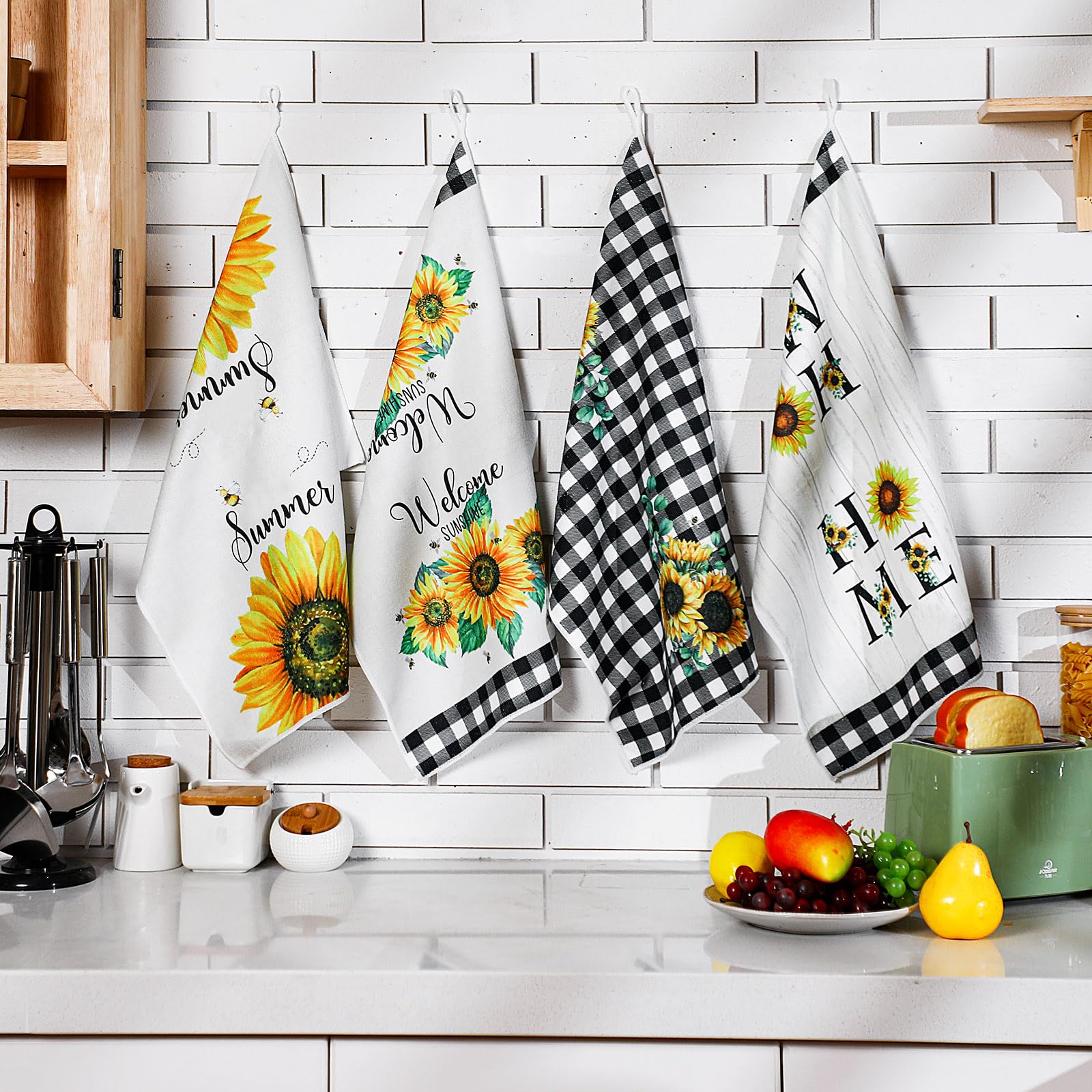 Bencailor 4 Pcs Sunflower Kitchen Towels Summer Fall Flower Floral Sea Beach Lemon Hand Dish Towels Fast Drying Decor Housewarming Gift for Cooking Kitchen Bathroom(Yellow,Sunflower)