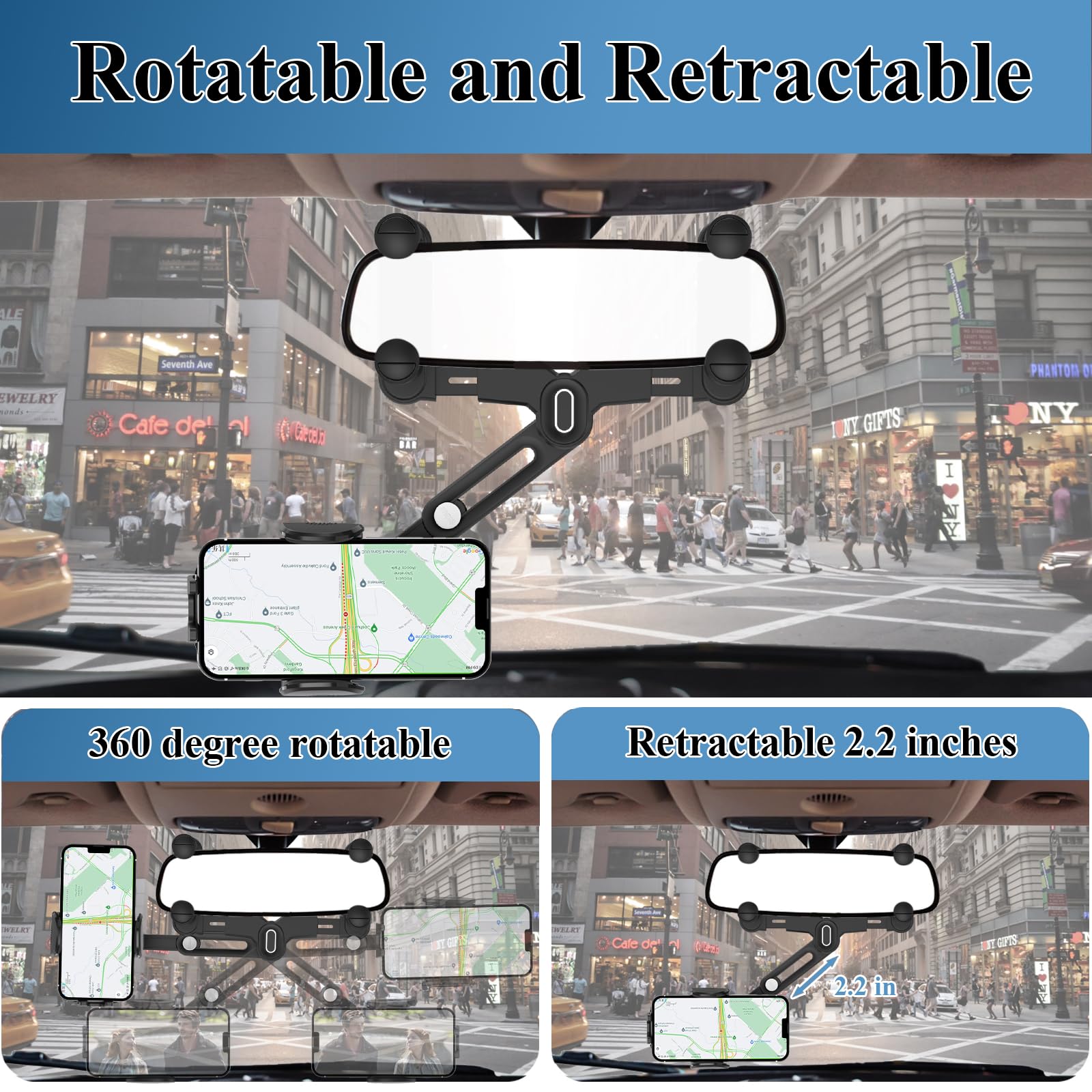 JDHDL Phone Mount for Car, Rear View Mirror Phone Holder, Rotatable and Retractable Phone Holder for Car Compatible with iPhone Samsung All 4-7 Inch Cell Phones