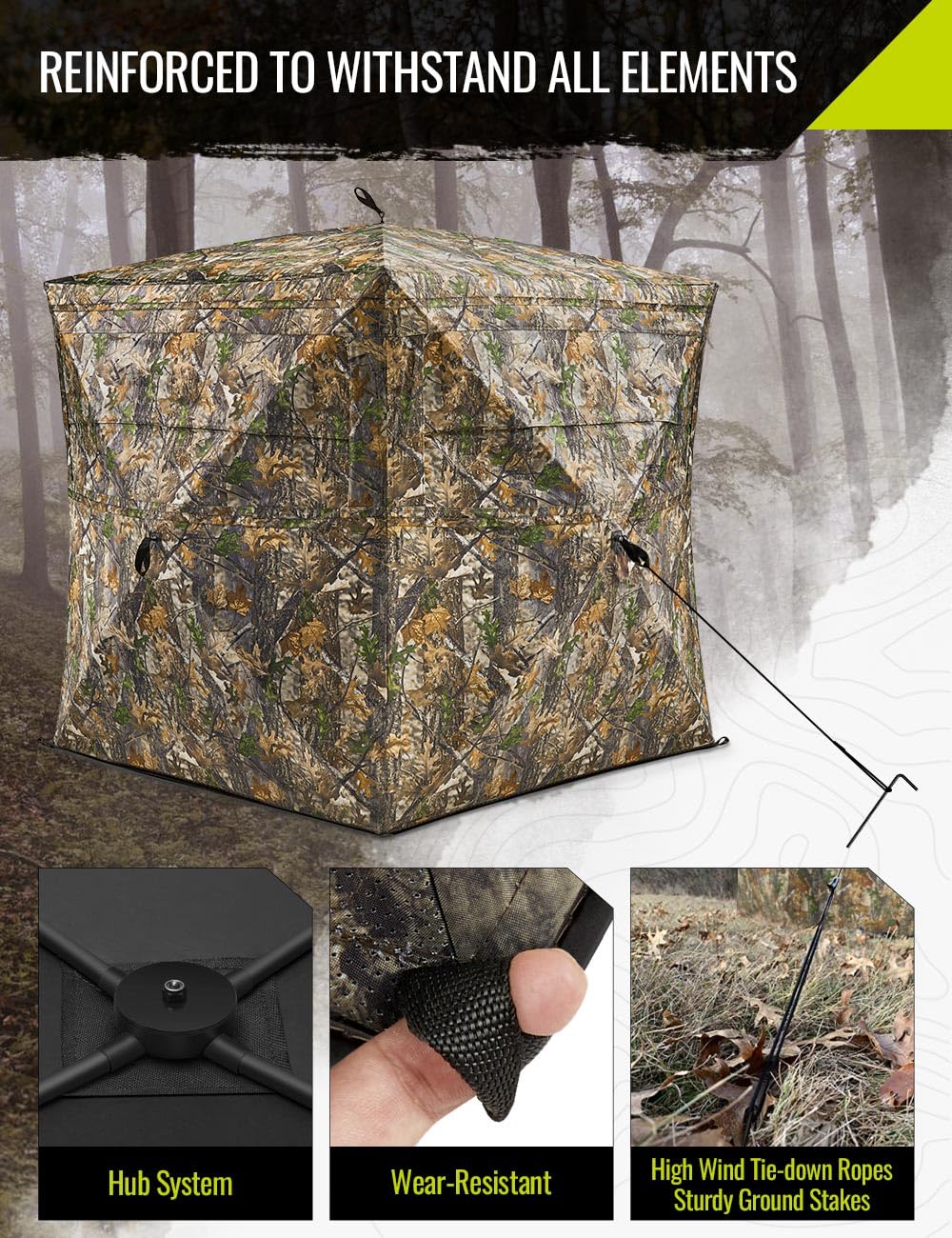 TIDEWE Hunting Blind 270°See Through with Carrying Bag, 2-3 Person Pop Up Ground Blinds, Portable Resilient Hunting Tent (Camouflage)