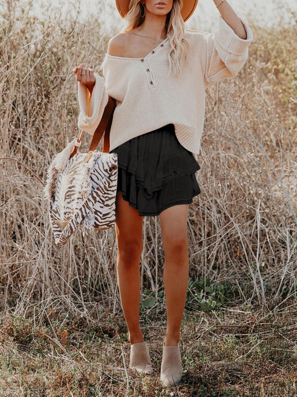 Aoudery Flowy Shorts for Women Casual Boho Ruffle Tiered Skorts High Waist Mini Skirts Golf Tennis Butterfly Crochet Shorts - Black M