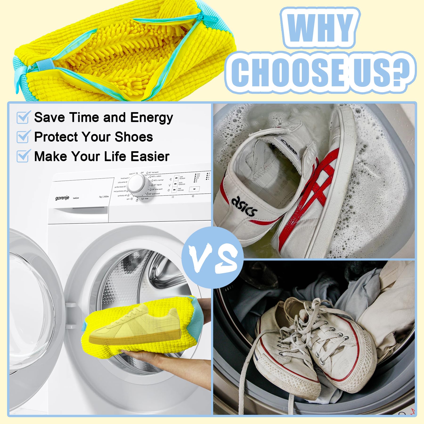 CNEYSID XXL Shoe Washing Machine Bag - 2-Pack Reusable Shoes Cleaning Bags, 360° Deep Clean for Tennis Shoes, Sneakers and Slippers, Includes 2 Shoe Storage Dust Bags (Yellow)