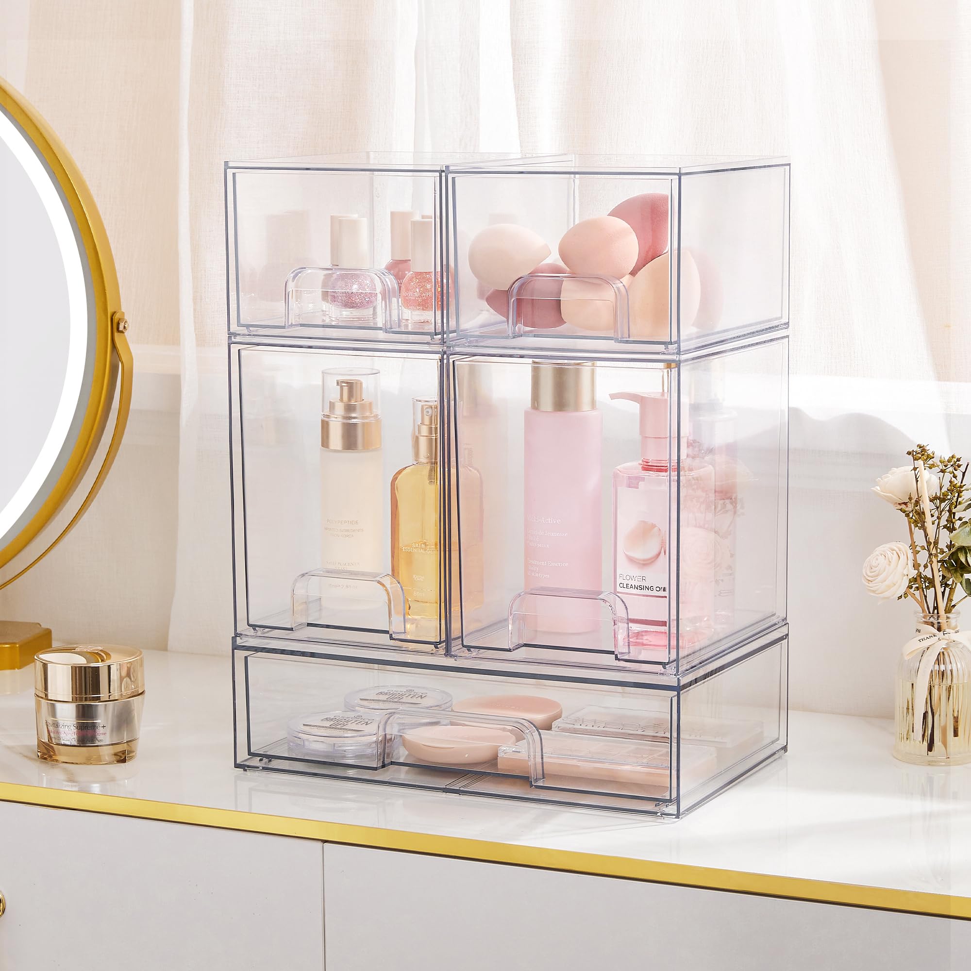 Vtopmart Stackable Storage Drawers Set of 5, Clear Plastic Organizer Bins for Beauty Supplies,Ideal for Vanity, Bathroom,Cabinet,Pantry Organization