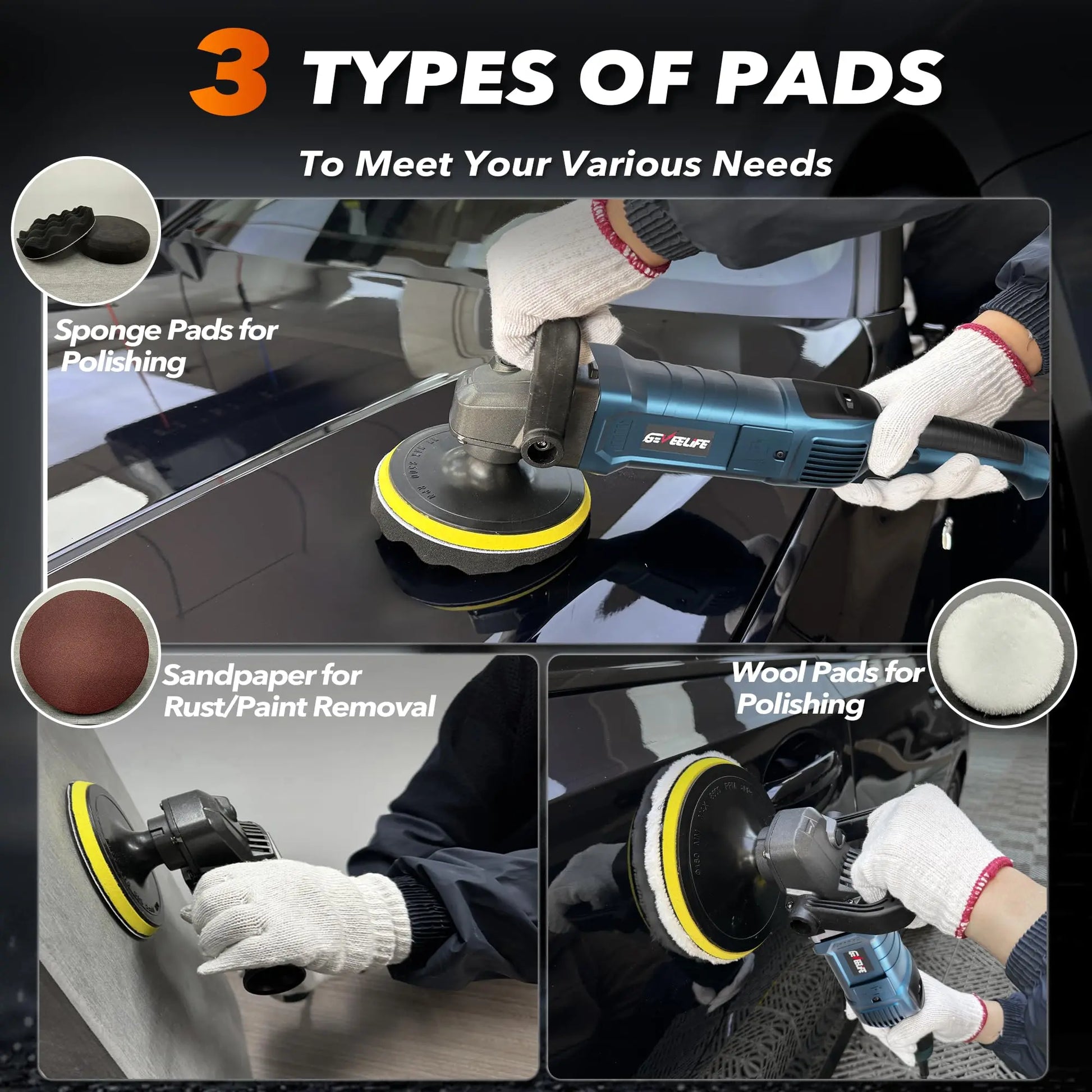 GEVEELIFE Buffer Polisher, 6 Inch/7 Inch 1600W Rotary Car Buffer Polisher Waxer, 7 Variable Speed 1000-3500 RPM, Detachable Handle for Car, Boat Sanding, Polishing, Waxing
