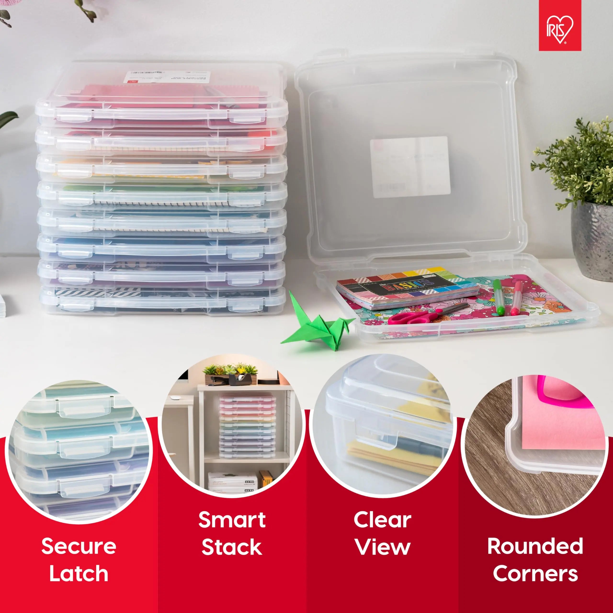 IRIS USA Board Game Storage Craft Organizer Box with Snap-Tight Latch Lid, 10-Pack Portable Plastic Case Bin for Puzzles, Magazines, Hobbies, Art Supplies, Fits 8.5" x 11" & A4 Papers, Slim, Clear