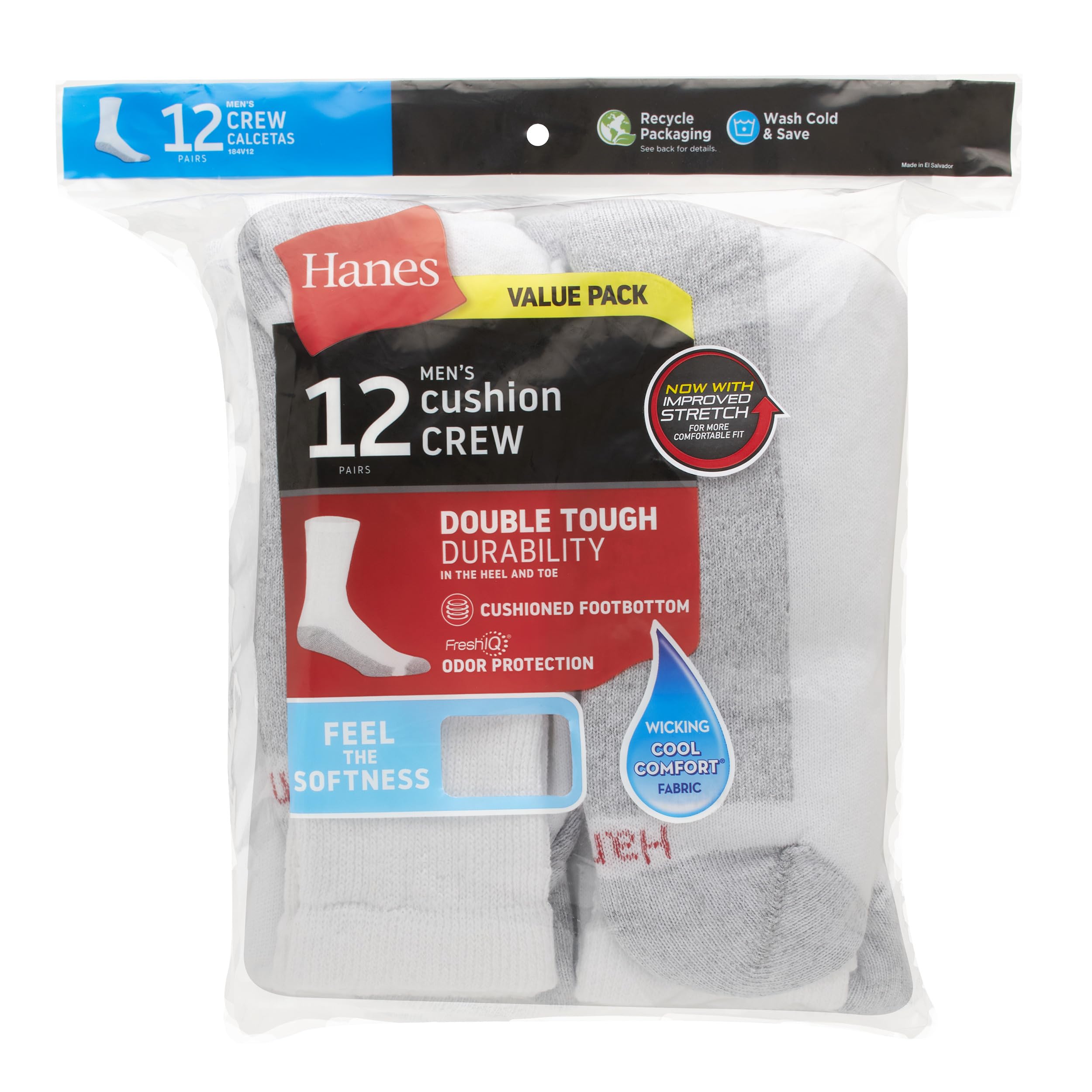 Hanes Mens Double Tough Socks, 12-pair Pack Crew Socks, White/Grey Foot Bottom, 6-12