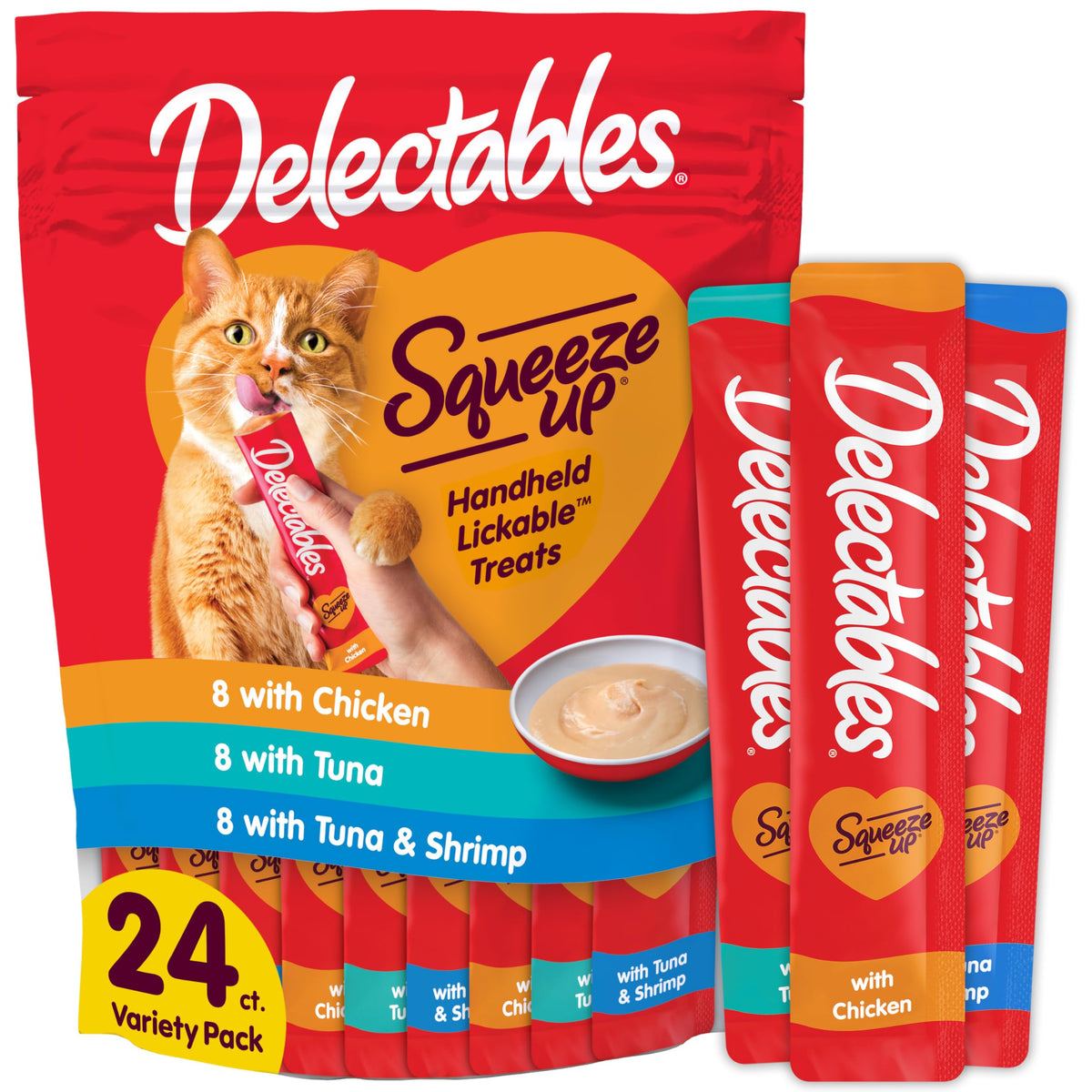 Delectables Squeeze Up Vorteilspack, cremiges, zerdrückbares Püree, leckere Nasskatzenleckerlis, getreidefrei, ohne zugesetzte Füllstoffe, ohne Nebenprodukte, ohne zugesetzte Konservierungsstoffe, 14,2 g Tube, insgesamt 24 Tuben