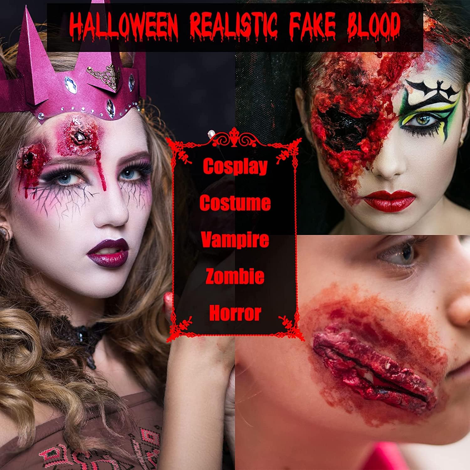 BOBISUKA 3PCS Halloween Fake Blood Makeup Kit - Coagulated 1.41oz + Spray 1.76oz + Dripping 1.76oz, Realistic Washable SFX Makeup for Zombie Monster Mouth Clothes Dress Up