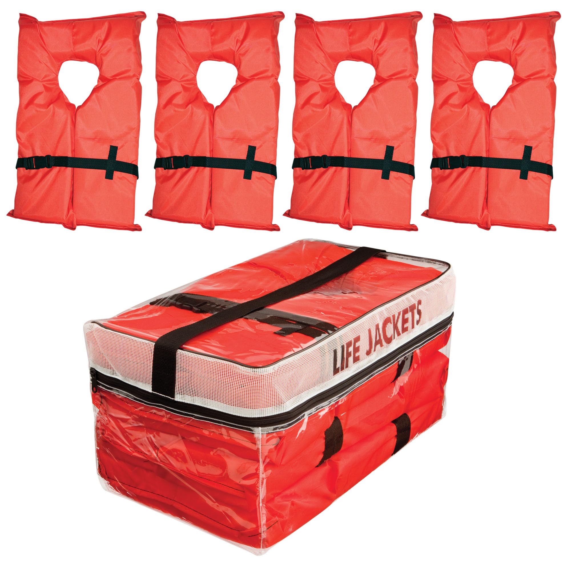 Absolute Outdoor Kent Clear Storage Bag with Type II Life Jackets, 4 Each (Adult, Orange)