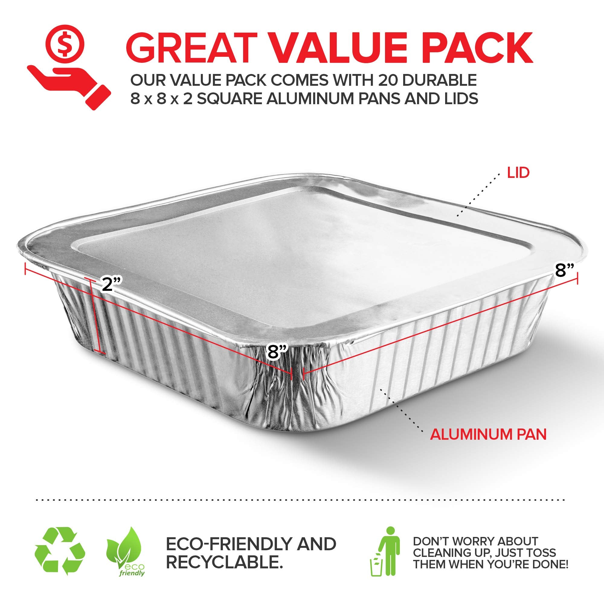 8x8 Foil Pans with Lids (20 Pack) 8 Inch Square Aluminum Pans with Covers -Disposable Food Containers Great for Baking Cake, Cooking, Heating, Storing, Prepping Food