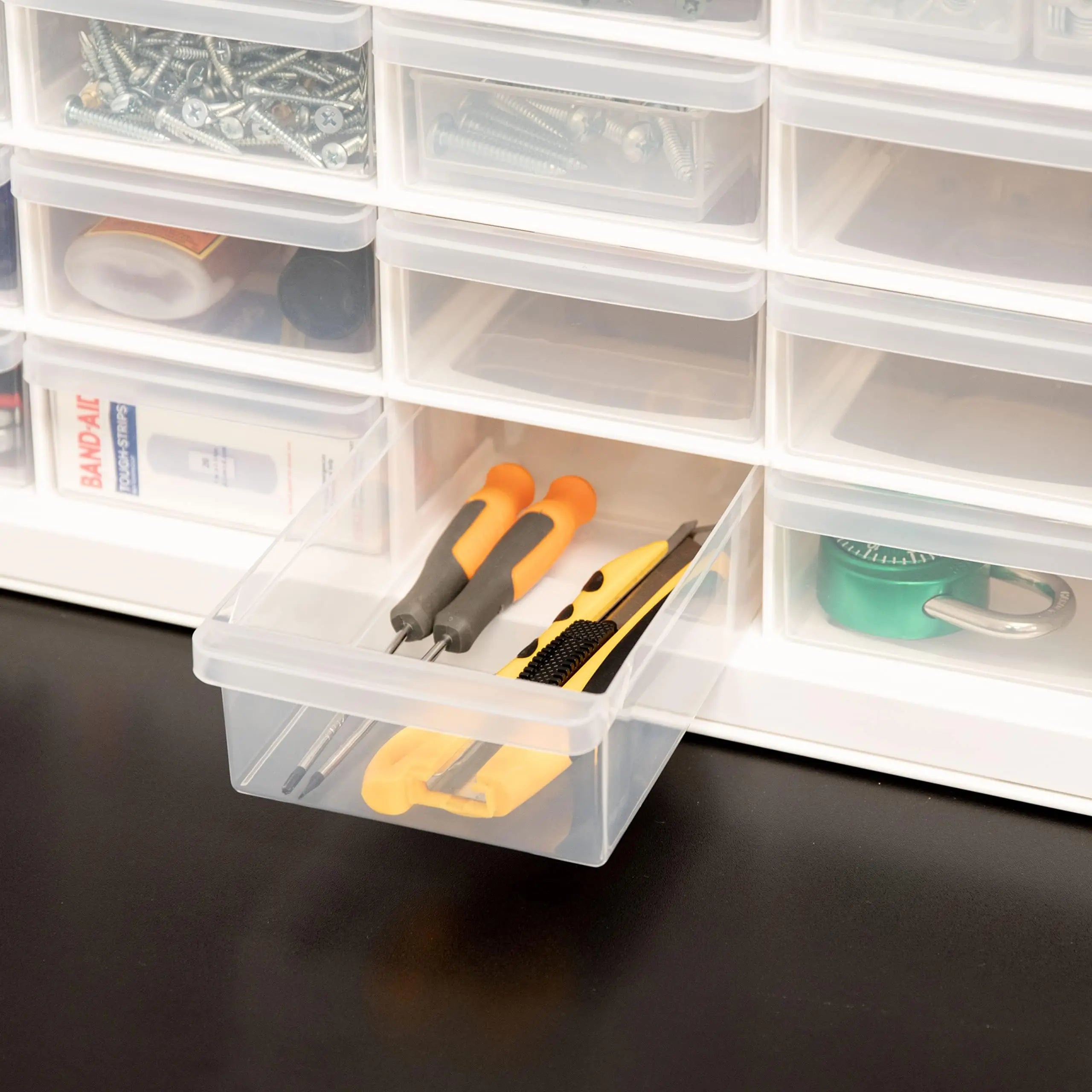 IRIS USA Plastic Drawer Storage Organizer, 24-Drawer Teacher Toolbox Bead Small Parts Organizer Cabinet for Hardware Crafts Nuts Bolts Tools Sticker Home Business Scrapbook Art Hobby Garage - White