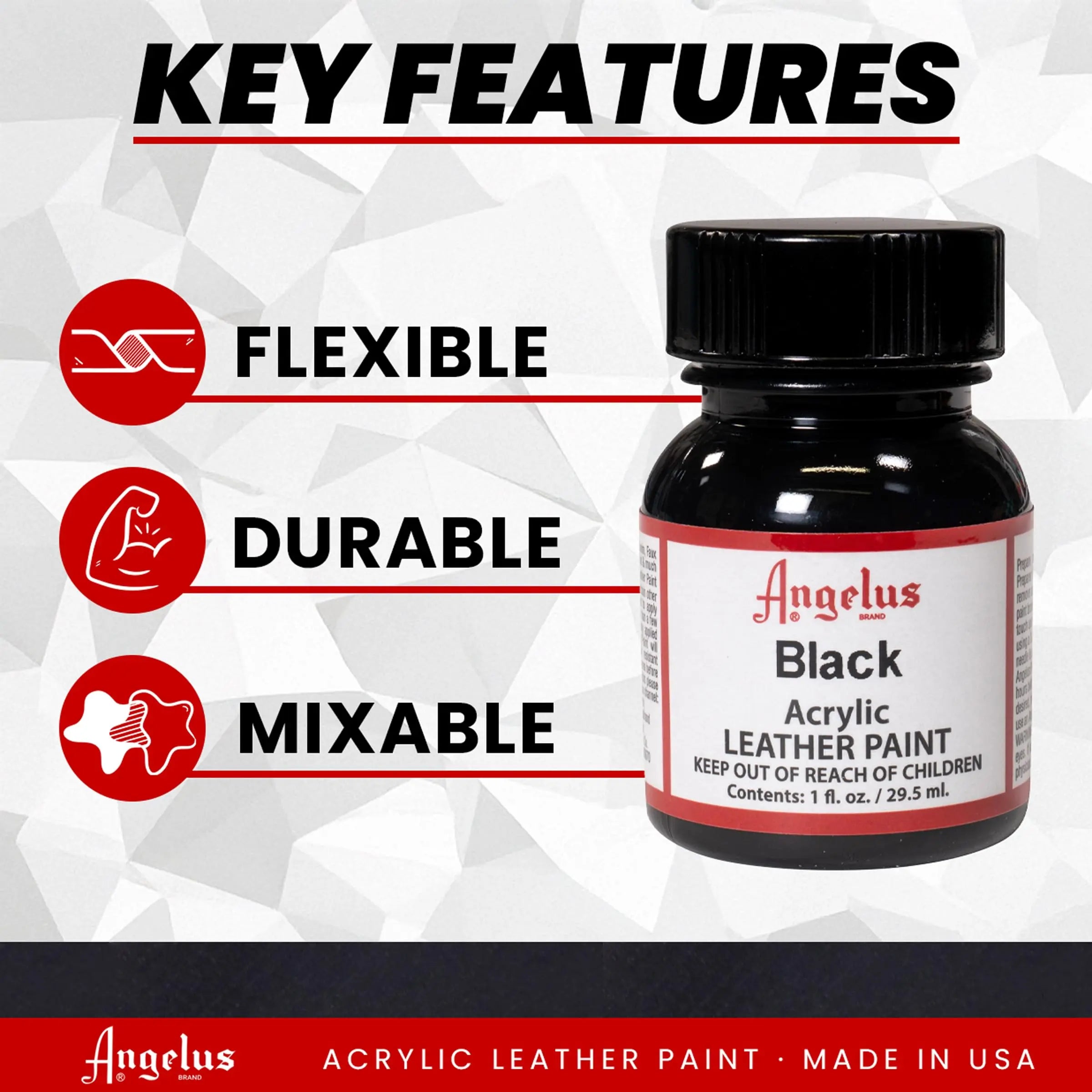 Angelus Acrylic Leather Paint For Shoes, Sneakers, Leather, Canvas, Furniture, and More - 1 Fl Oz, Black