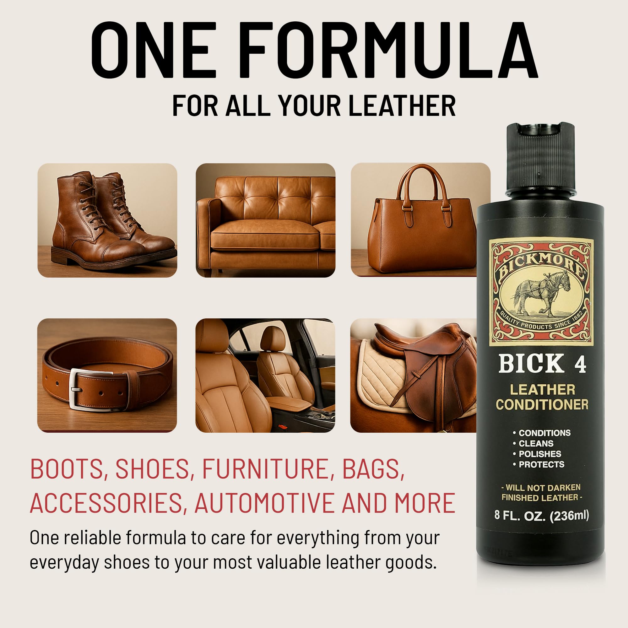 Bick 4 Leather Conditioner and Leather Cleaner 8 oz - Will Not Darken Leather - Safe For All Colors of Leather Apparel, Furniture, Jackets, Shoes, Auto Interiors, Bags & All Other Leather Accessories