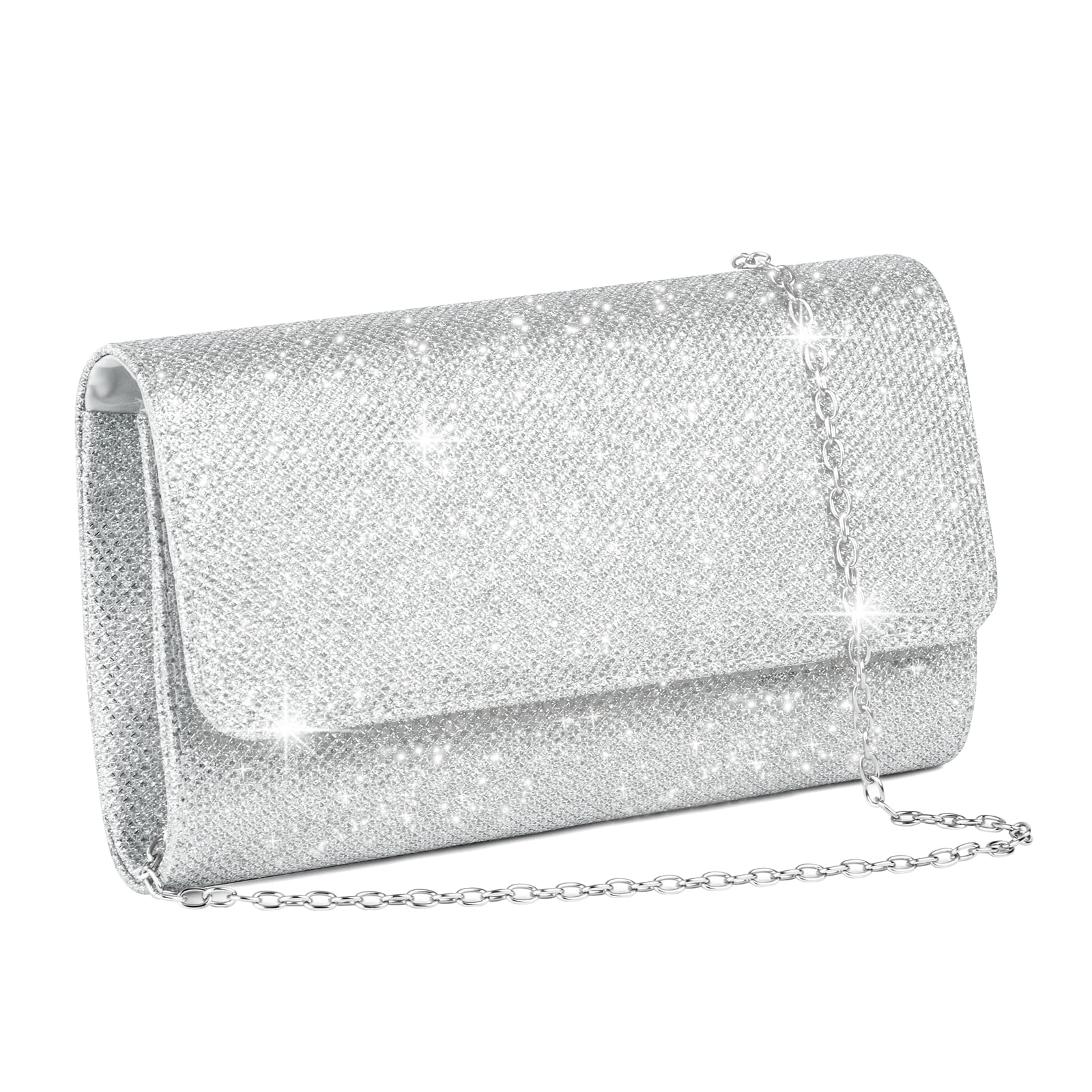OSDUE Evening Bag Clutch Purses for Women, Glitter Evening Bag Sparkling Envelope Packet with Detachable Chain for Prom Wedding Party Banquet Date (Silver)